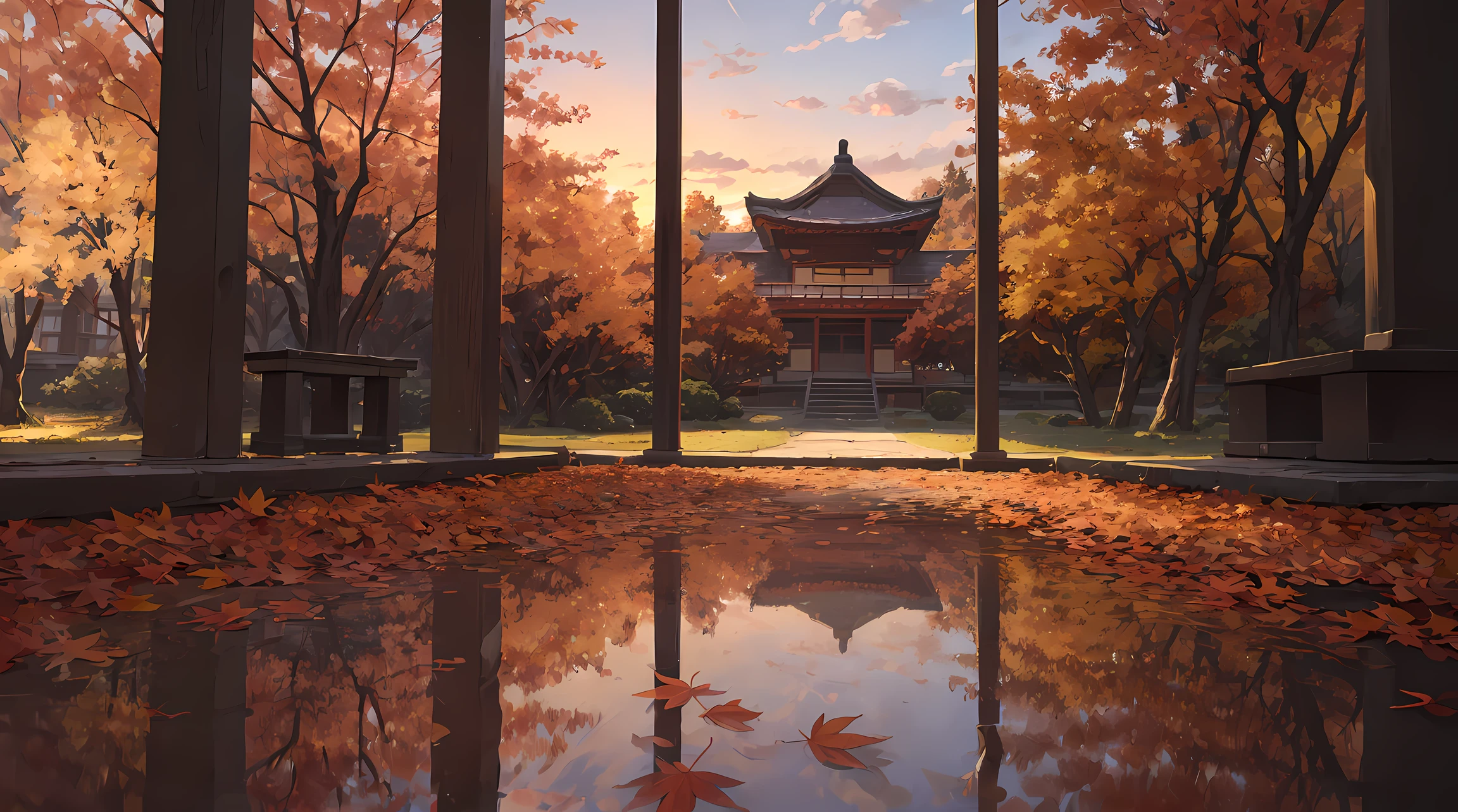 (((sunset:1.5, sunset light:1.3, moody light:1.3, cinematic light:1.3)))), An illustration of the scenery of the autumn leaves are depicted in a double layer due to the mirror reflection of Korin-in, Daitoku-ji Temple. at night, ultra-detailed, hyper-sharp, digital illustration, Place: Daitokuji Korin-in room Time: Autumn Subject: A specular reflection of autumn foliage The illustration depicts the specular reflection of autumn leaves on a table in the interior of Daitokuji Korin-in Temple. The table is in a room with a calm atmosphere like a tea room. The scenery of autumn leaves is clearly projected on the table. The scenery of autumn leaves is thought to have been seen from famous spots for autumn leaves such as the Sanmon Gate and Hojo in the precincts of Daitokuji Temple. The autumn leaves are dyed in various colors such as red, yellow, and orange, creating an atmosphere of autumn. (((In the illustration, the autumn leaves are depicted in a double layer due to the mirror reflection: 1.5))), which further emphasizes the beauty of the autumn leaves. In addition, the mirror reflection connects the interior and the landscape of the precincts, giving a sense of the depth of the space. Fittings such as shoji and fusuma in the room light from window Vividly expressing the colors of autumn leaves Emphasizing the beauty of autumn leaves by mirror reflection Expressing a space where the interior and the scenery of the precincts are connected