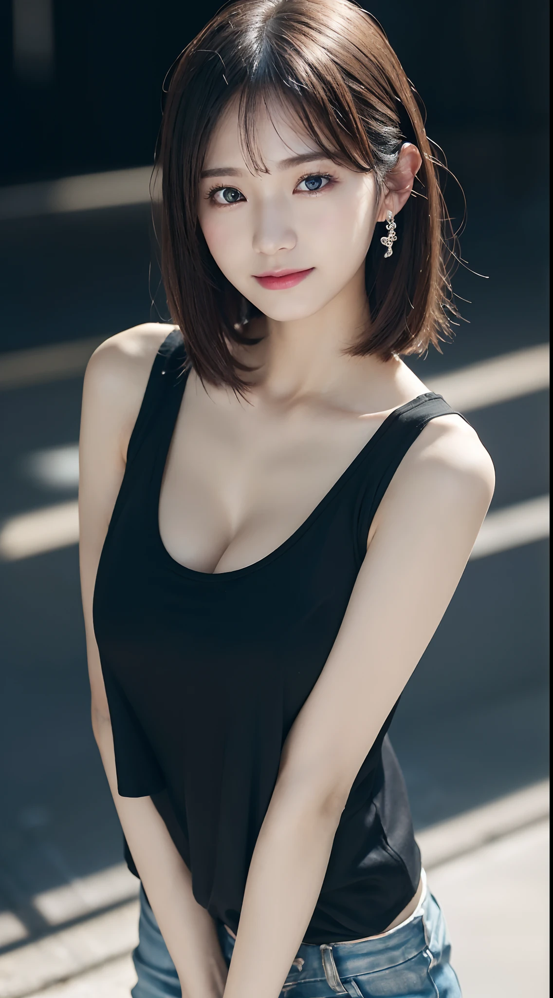 Innocent 20 year old girl、((Black tank top, Dramatic poses)),Smile,short-cut,a park、Raw photo, (8K、top-quality、masterpiece:1.2)、(intricate detailes:1.4)、(Photorealsitic:1.4)、octane renderings、Complex 3D rendering ultra detail, Studio Soft Light, Rim Lights, vibrant detail, super detailing, realistic skin textures, Detail Face, Beautiful detail eyes, Very detailed CG Unity 16k wallpaper, make - up, (detailedbackground:1.2), shinny skin, Full body、cleavage of the breast,((Standing with hands folded behind your back、Leaning forward、Angle from above))