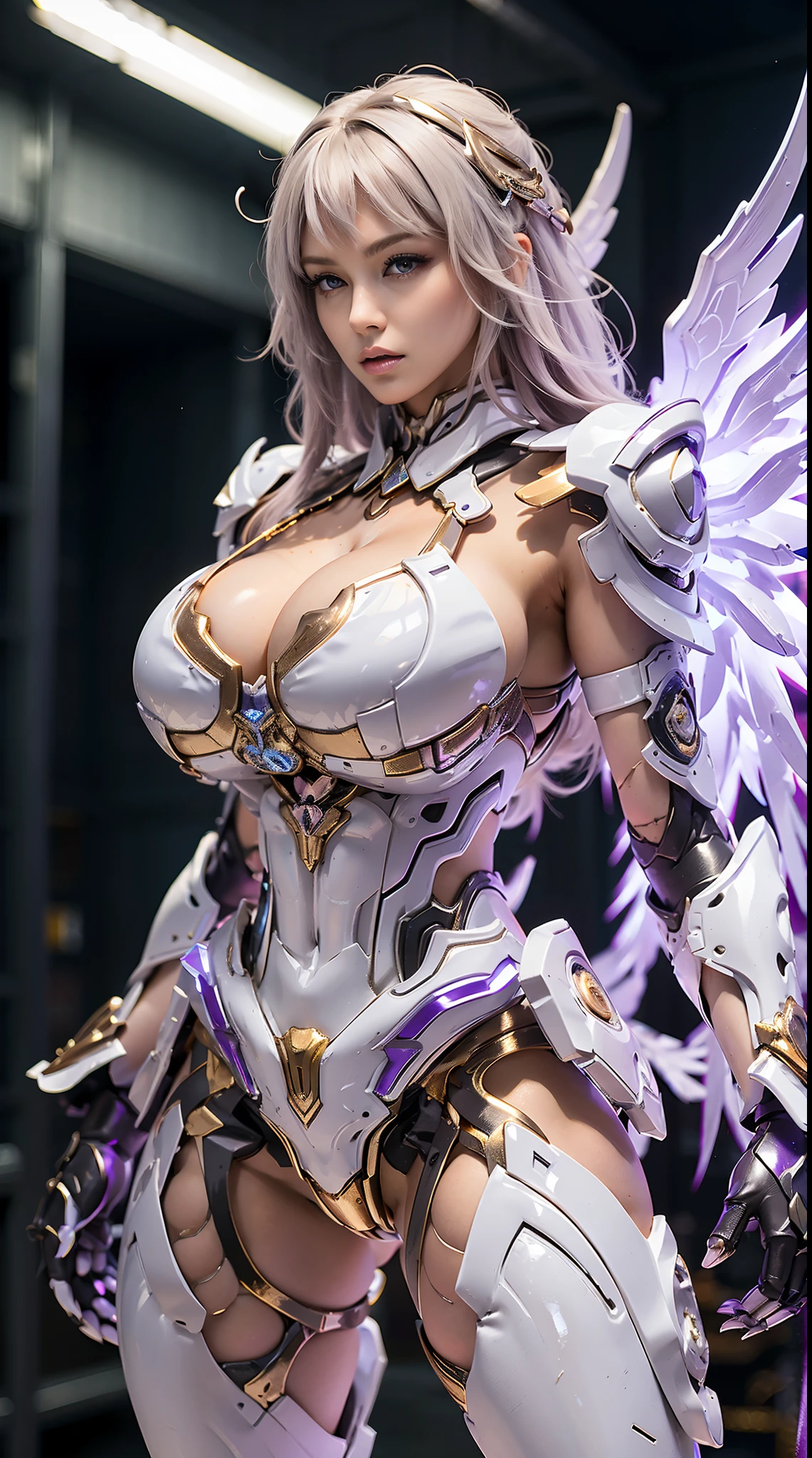 A WOMAN, BEAUTIFULL FACE, HUGE BOOBS, RGB, WHITE, GOLD, PURPLE, MECHA ARMOR FULL SUIT, (CLEAVAGE), (A PAIR LARGEST WINGS), TRANSPARANT, TALL LEGS, STANDING, SEXY BODY, MUSCLE ABS.