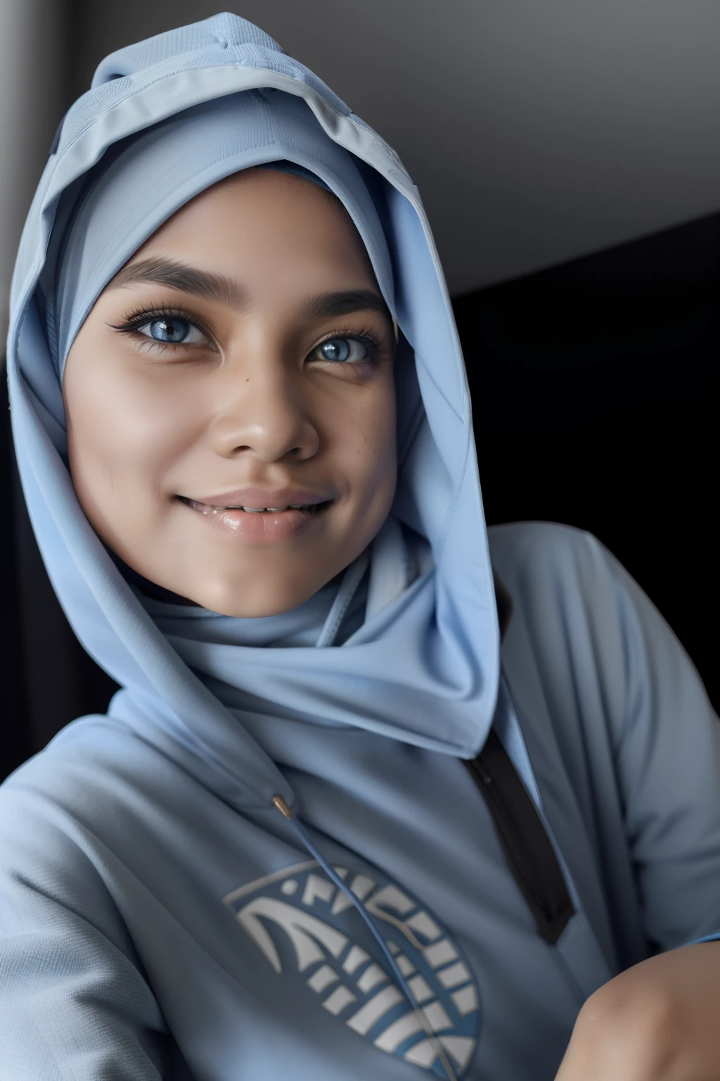 best quality, intricate details, 1 malay girl in hijab, blue eyes, sharp eyes, blue highlights, sharp teeth, blue hoodie, shark teeth design, bare legs, gawr gura, shark girl, shark tail, shark print, blue hoodie, sharp teeth, animal hood, shark hijab ornament,