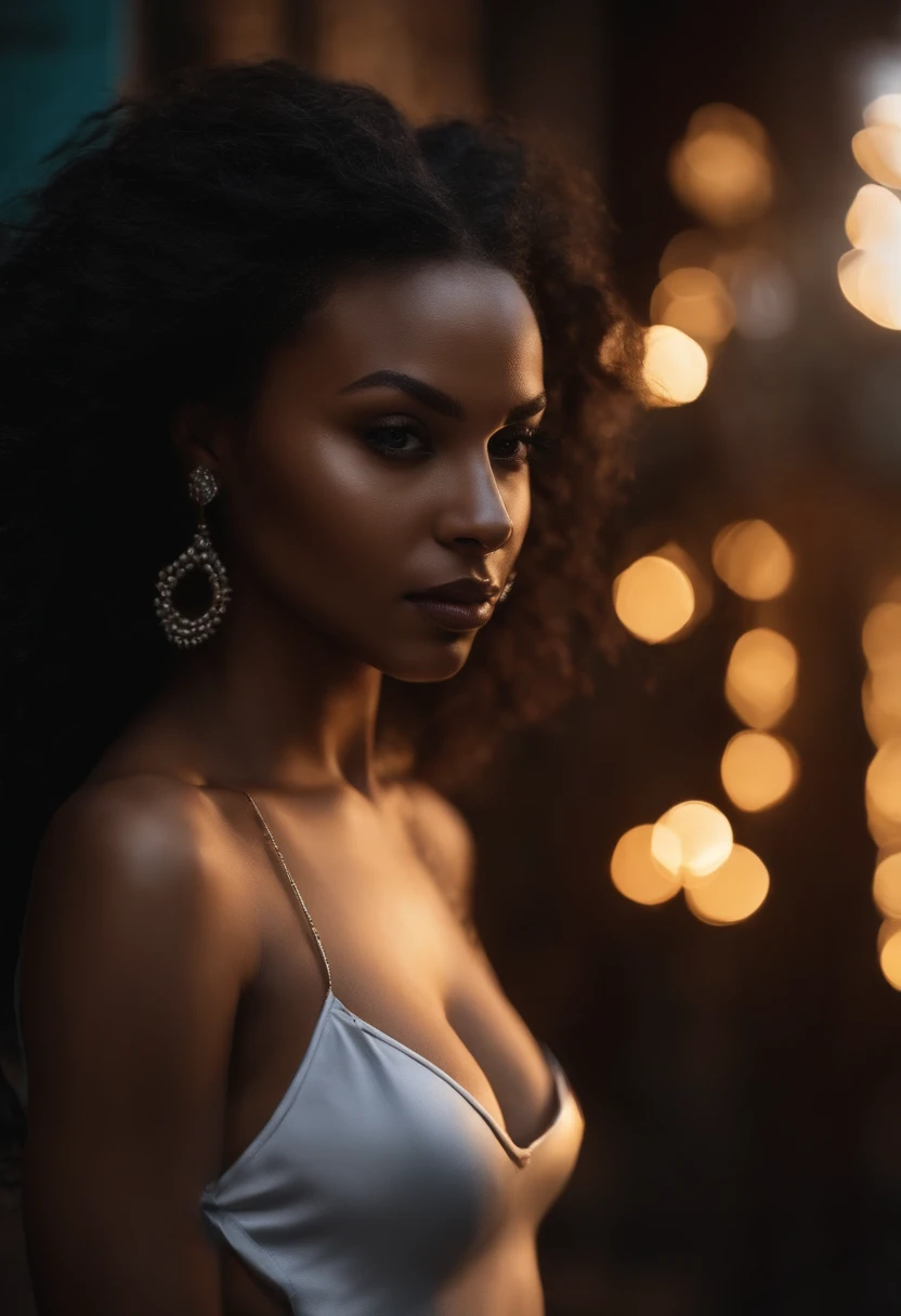 uma bonita com longos cabelos pretos ondulados usando uma minissaia, Olhos sedutores detalhados pernas longas e sexy, camiseta vermelha decote peitos grandes em uma favela ((detailed facial features)), (pele finamente detalhada), pale skin, textura de pele realista, detalhes extremos da pele, (Poros:0.1), ao fundo bela cidade cyberpunk futurista, Melhor qualidade de obra-prima, fotorrealista, hiper-realista, circunstanciado, 8k, HDR, (Cor suave: 1.2), profundidade de campo rasa, luz ampla, alto contraste, Backlighting, florescer, brilhos leves, chromatic aberration, foco nítido, Foto colorida RAW, sem desfoque de fundo,