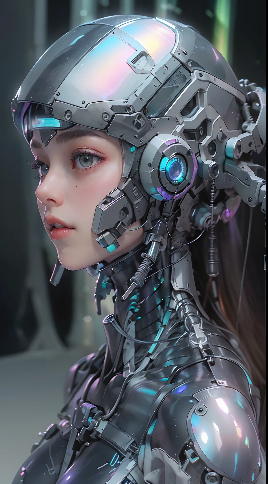 ((of the highest quality)), ((Obra maestra)), (detalle:1.4), (((Translucent with mechanical parts and transparent skin++Aurora Material++、++Material de carbono gris++Beautiful woman in cybernetic suit made of))), Bright pale with LEDs, ((Pecho abierto)), Piel de las caderas y los muslos, Teletipo (High Dymanic Range), Trazado de rayos, NVIDIA RTX, Super resolution, Subsurface dispersion PBR texturing, Post-procesamiento, Anisotropy Filtering, Profundidad de campos, Sombreado de superficies, Accurate light simulation/Material interaction, proporciones perfectas, two-color illumination, Amplia apertura, ISO bajo, balance de blancos, 8k, (((Cameltoe))), NSFW, (((mujer alta))), 25 year old woman, Cyber helmet with dull and bright LEDs, hasta la rodilla, protuberancia, puffy nipple, ((Cyber hood with dull and bright LEDs)), Postura abierta, Disparo de vaquero, Piel de las caderas y los muslos, hermoso cuerpo, Ombligo visible en la piel desnuda, Pecho para sentir la gravedad, (pechos enormes: 1.3), (trasero gigantesco: 1.0), Espacio sencillo y minimalista, Poses sexys naturales, Mirando hacia abajo, flequillo opaco, (((Hermoso cabello iridiscente))), (((Aurora Cabello Interior))),