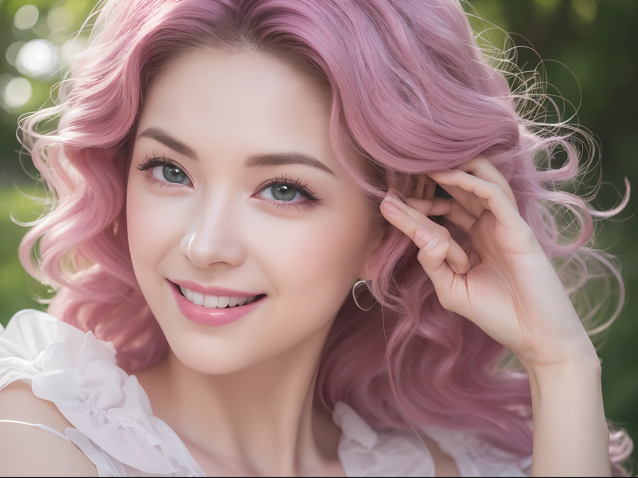(A high resolution,Ultra-detailed,Photorealistic:1.2),Vivid colors,Portrait,muted pastels,Sparkling highlights,Curly silver-pink hair,Delicate hair,Plenty of volume,(Strong black eyes,Reflective pupils,Long eyelashes,Red eyebrows),full pouty lips,Has an irresistible luster,smiling expression,(Place 1 to 4 fingers on the corners of your mouth)
