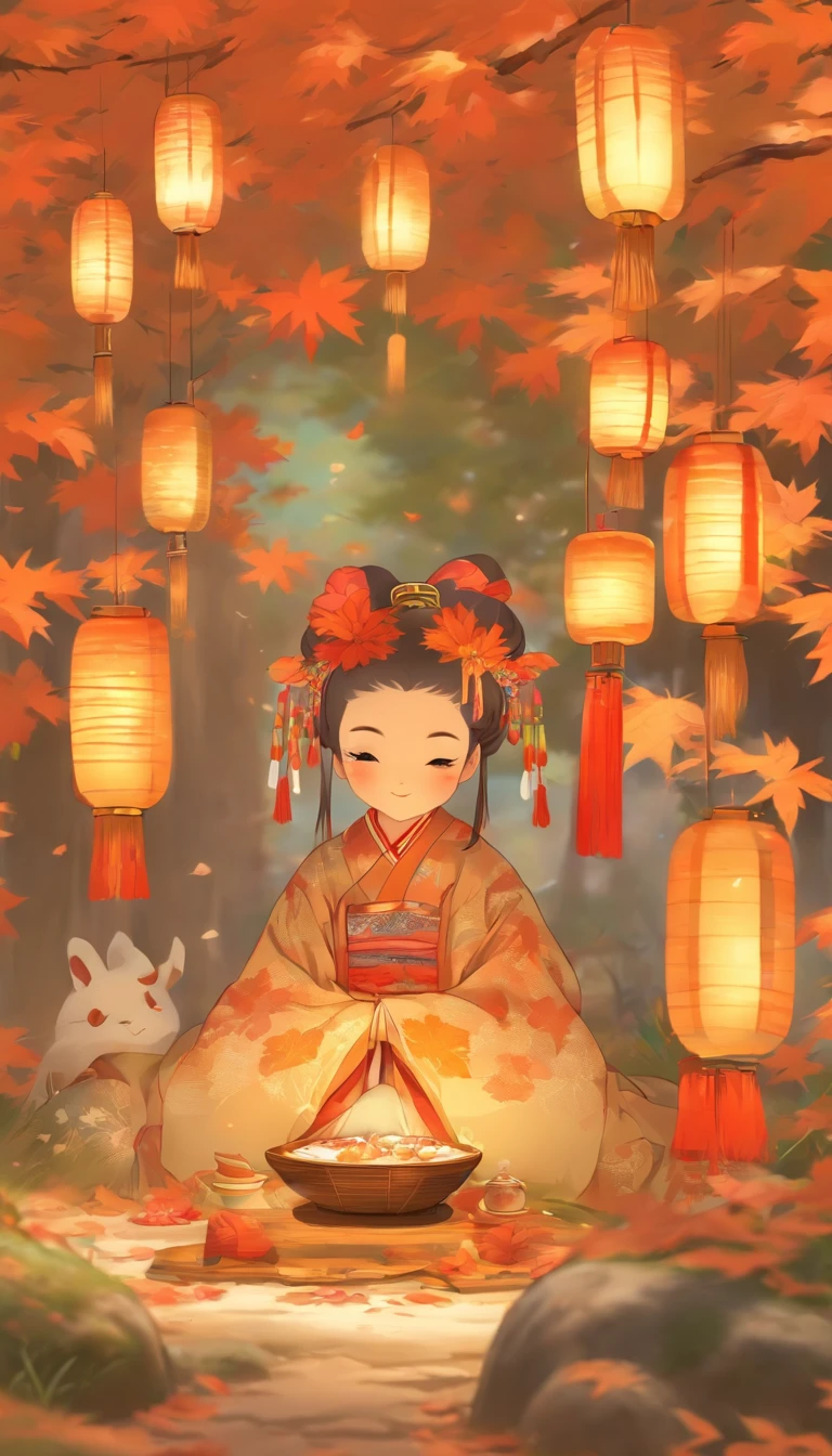 A young girl sits under a maple tree eating rock sugar gourd，Japanese manga style，The girl wears a Peking Opera costume，There are swallow-shaped kites on the ground，panini，Small cake，Fruit pie，high tea，some books，Japanese healing system，