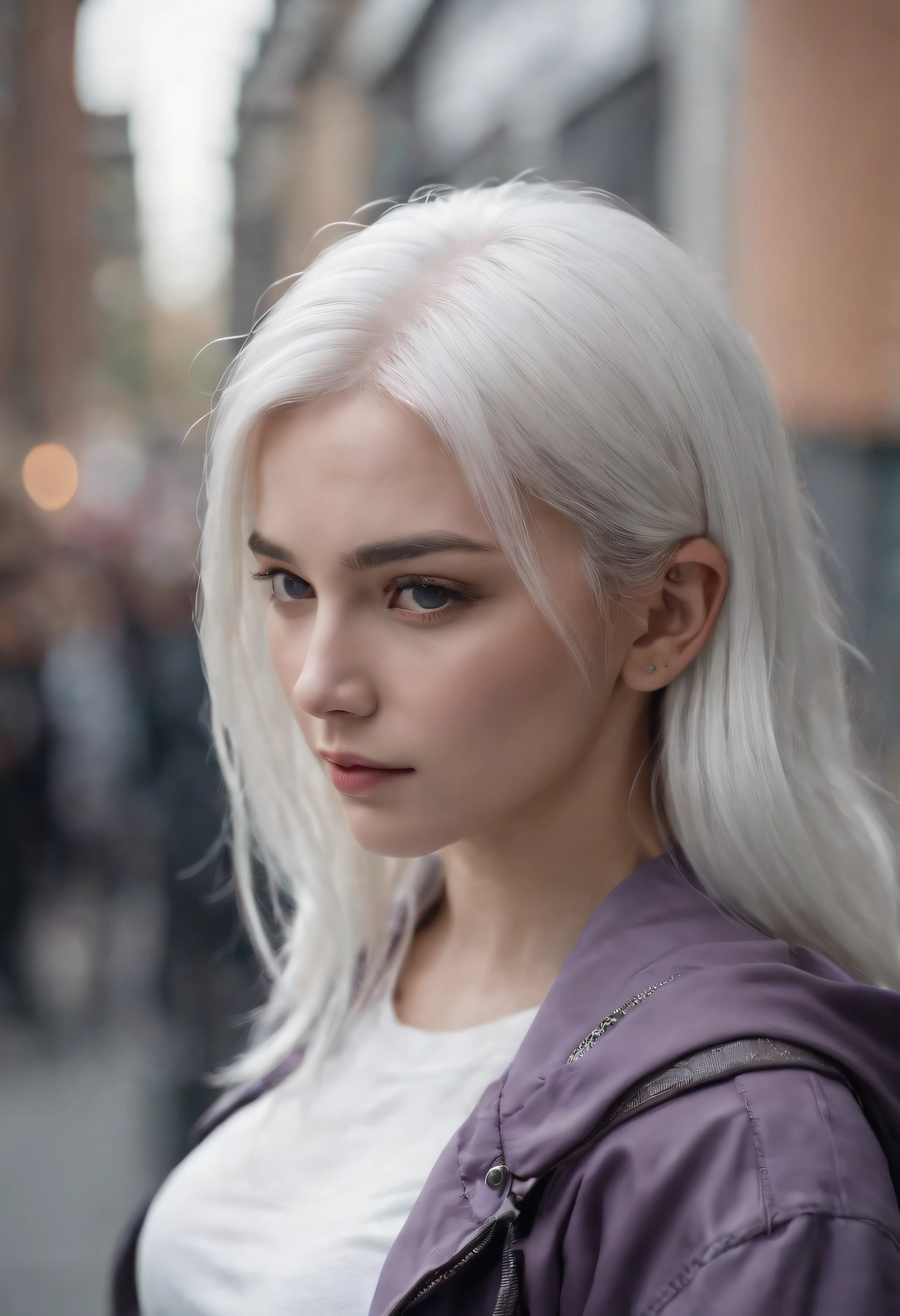 1girl in, White hair, Long hair, techwear masterpiece, top-quality, Realistic, Realism, dark purple jacket, Portrait, Detailed eyes, wearing headset, Platinum Hair, 21 year old girl, Fashion poses, Half body, wide shoot, in a street, Cyberpunk