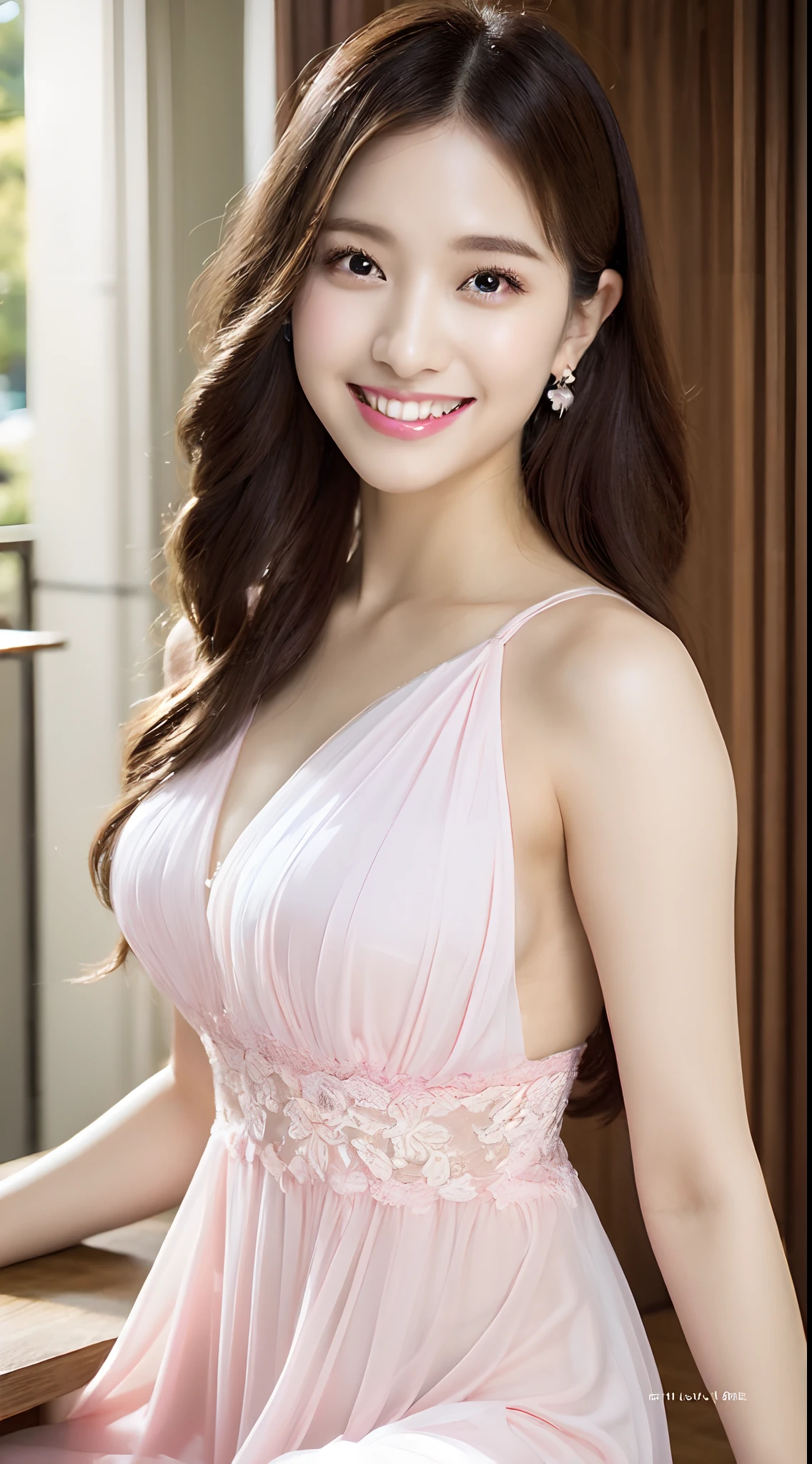 (Best Light: 1.2, Cute Korean Girl: 1.2, [White Dress: 1.3], Colorful Flower Wall, Poster Level, Flowers on the Wall Not Crowded, Elegant and Colorful: 1.1, Bright and Moving: 1.1, [Ultra-detailed: 1.2+Dynamic Pose + Delicate: 1.2],), Big breasts, smiling, flanked by five-colored flowers, pink hydrangeas, roses, colorful small chrysanthemums on the wall, The background wall is a wall of flowers predominantly pink