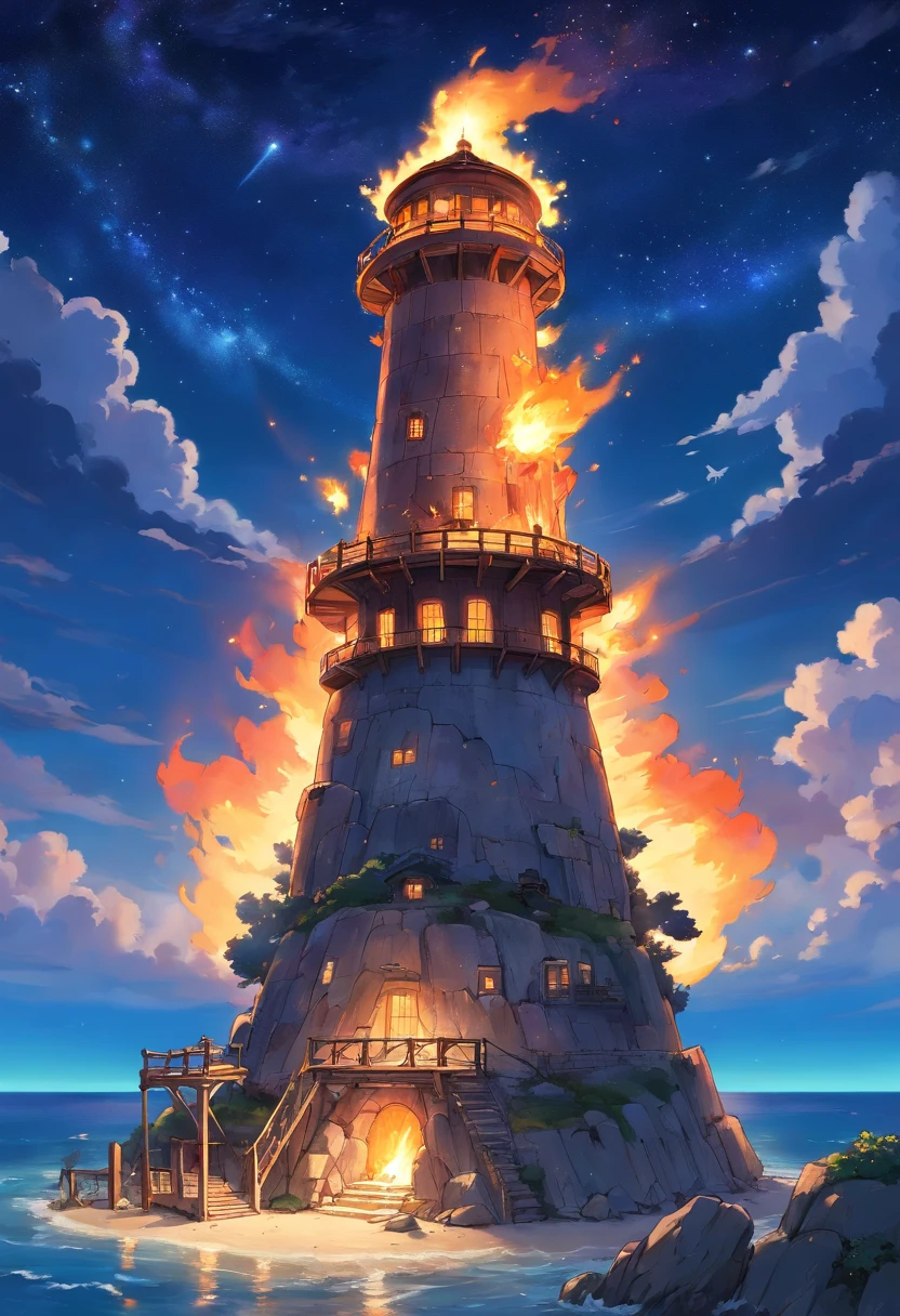 A gaurd tower made of petrified wood. Gaurding a quaint greek ocean side town. A gaint burning flame at the top of the tower. A galaxy night sky in background