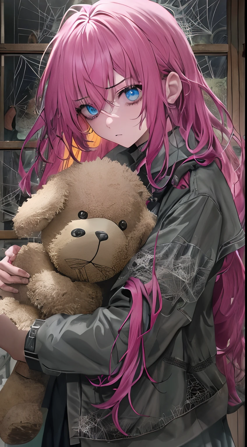 1girll, Pink hair, Blue eyes, (cowboy_Shot:1.2), Face focus, Long hair, side locks, Scared,(terrified:1.1) expression, holding teddy bear, Atmospheric lighting, Moody, Darkness, In an abandoned old museum, Clear glass display case full of interesting items, Dusty, Post-apocalypse, spiderwebs, masterful, Beautiful 8k wallpaper, Extremely detailed, Intricate