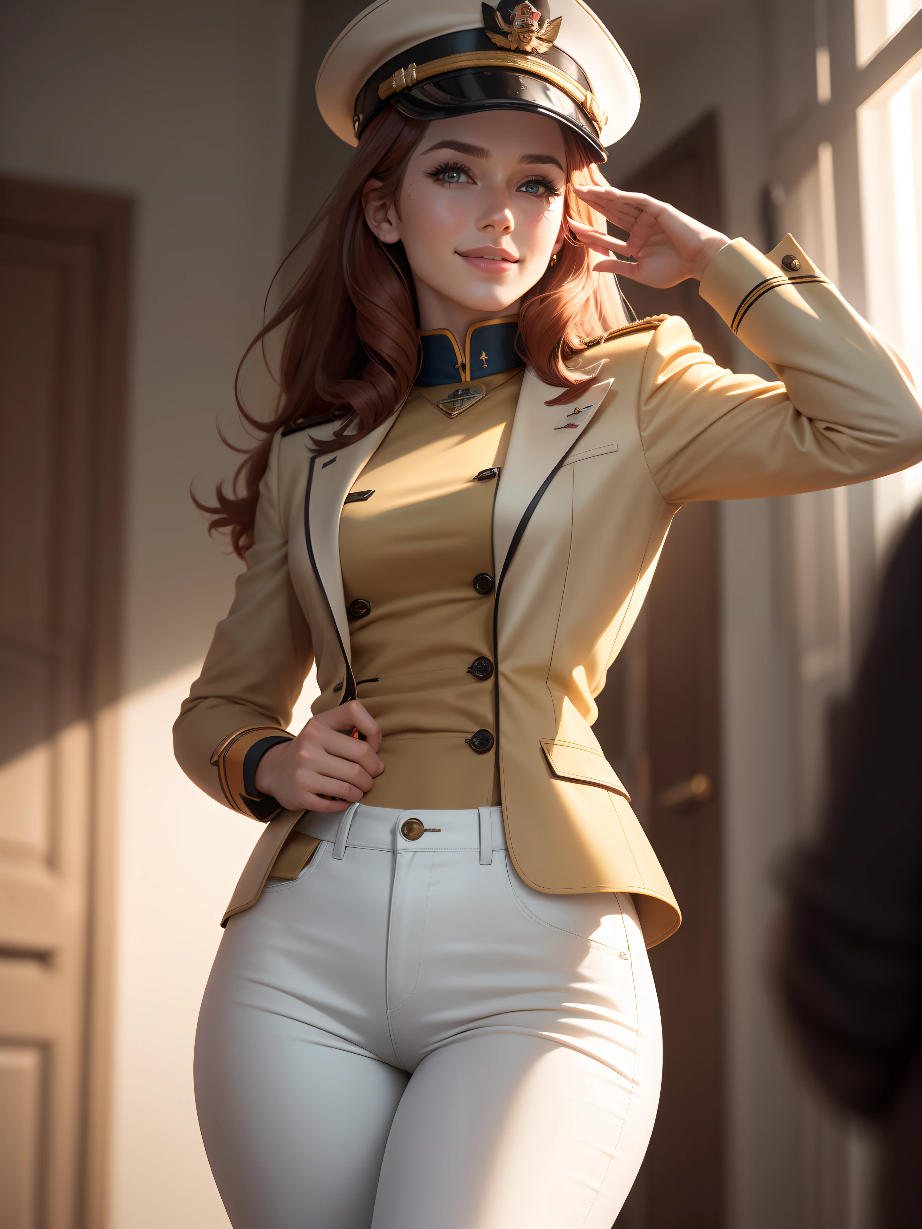 (1girl:1.4), (sfw), (clothed), (masterpiece), illustration,(realistic:1.5), (specular lighting:1.4), (hyperrealistic:1.2), (photorealistic face:1.2), (perfect face), (best quality), (8k), (4k), photorealistic, sharp focus, octane render, best quality, extremely detailed, intricate, hyper detailed, fantasy, soft lighting,(small breasts:1.4), (skindentation:1.3), Matilda Ajan from Gundam, Matilda Agen, Matilda Ajan, looking straight at viewer, tan full uniform, tan color uniform, tight off-white pants, slim body, perfect body, standing straight up, military attention, military salute, one hand down, tan officer uniform, tan military jacket, tan buttoned up jacket, perfect hands, military officer hat, tan color hat, warm smile, kind smile, gundam in the background, auburn hair, one hand down, cropped hair, thigh gap