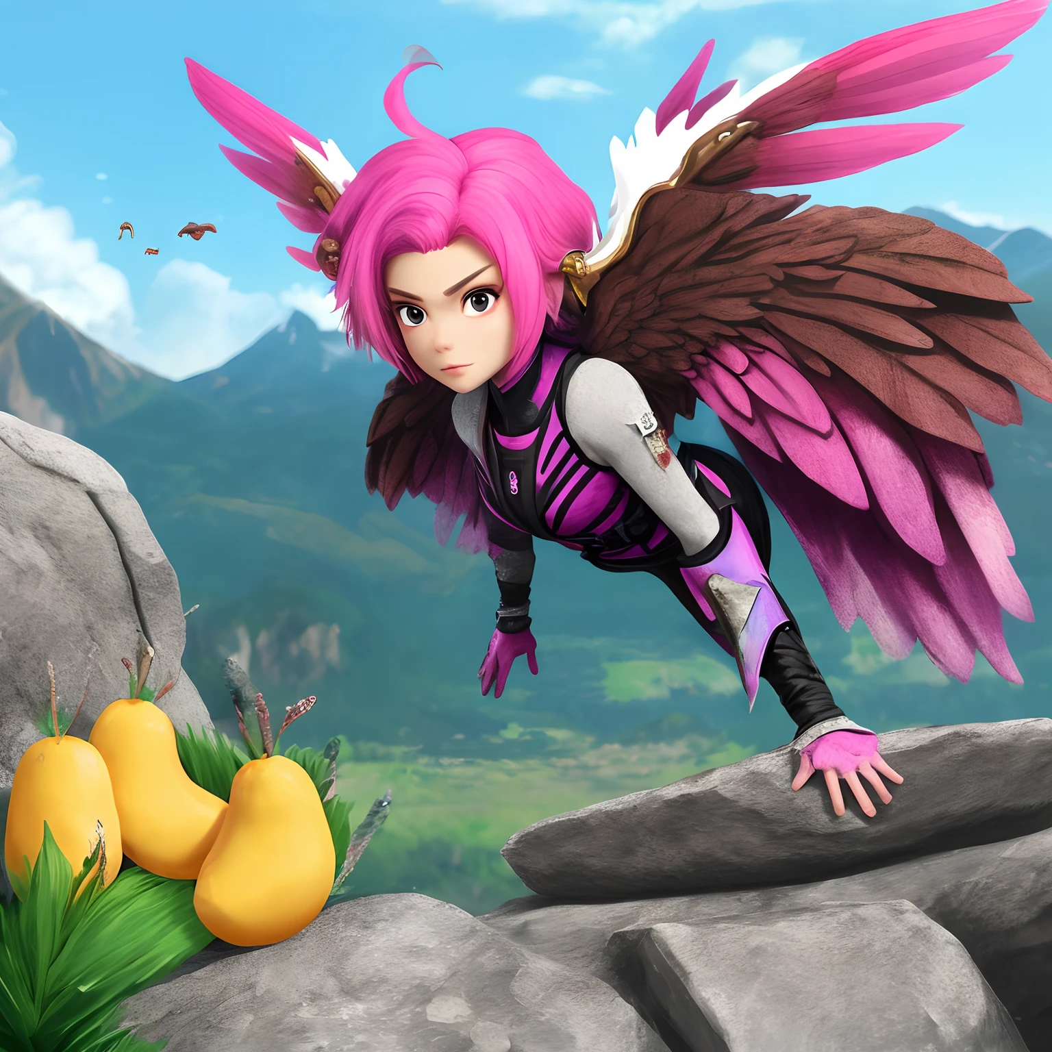 chiquita,Use the Rock ability,There are wings with rock crystals,Pink hair,Brown eyes