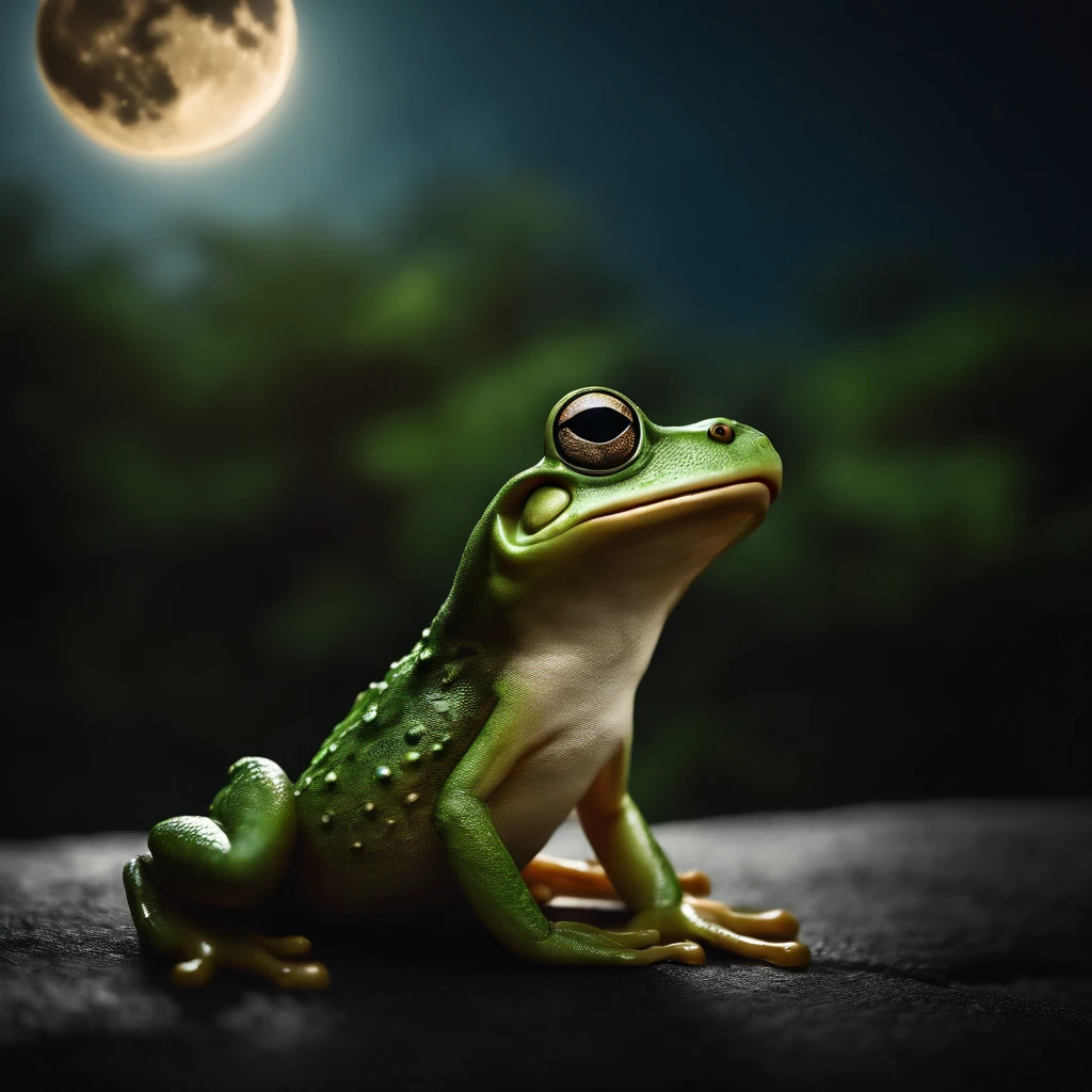 Big frog jumps high.., Frog in side view, Float in the air, opened mouth, There's a moon at the mouth., nighttime, Frog eats moon