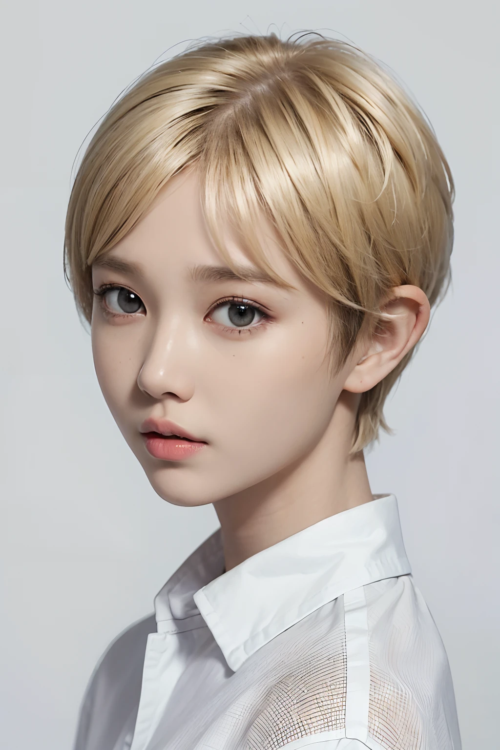 hightquality、​masterpiece、ighly detailed、hight resolution、4K、超A high resolution、detailed shadow、A hyper-realistic、realisitic、Natural lighting、1girl in、独奏、(From Side）、A detailed face、Beautiful specifics、realisticeyes、real looking skin、(blonde  hair、Shorthair)、(pixie cut hair:1.5)、(whiteshirt、white  shirt、:1.4)、(white walls、white backgrounid:1.1)、