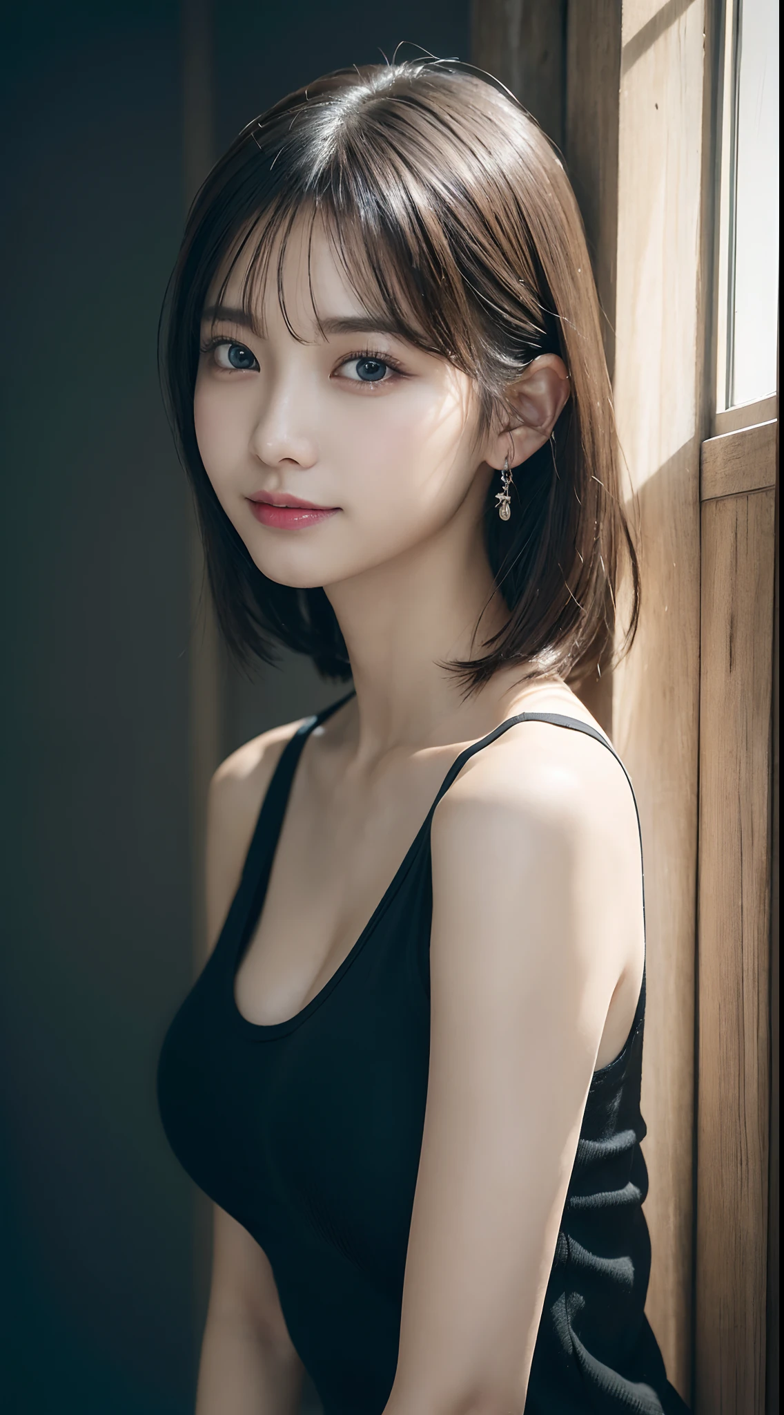 Innocent 20 year old girl、((Black tank top, Dramatic poses)),Smile,short-cut,General room、Raw photo, (8K、top-quality、masterpiece:1.2)、(intricate detailes:1.4)、(Photorealsitic:1.4)、octane renderings、Complex 3D rendering ultra detail, Studio Soft Light, Rim Lights, vibrant detail, super detailing, realistic skin textures, Detail Face, Beautiful detail eyes, Very detailed CG Unity 16k wallpaper, make - up, (detailedbackground:1.2), shinny skin, Full body、cleavage of the breast,((The gesture of taking off clothes))
