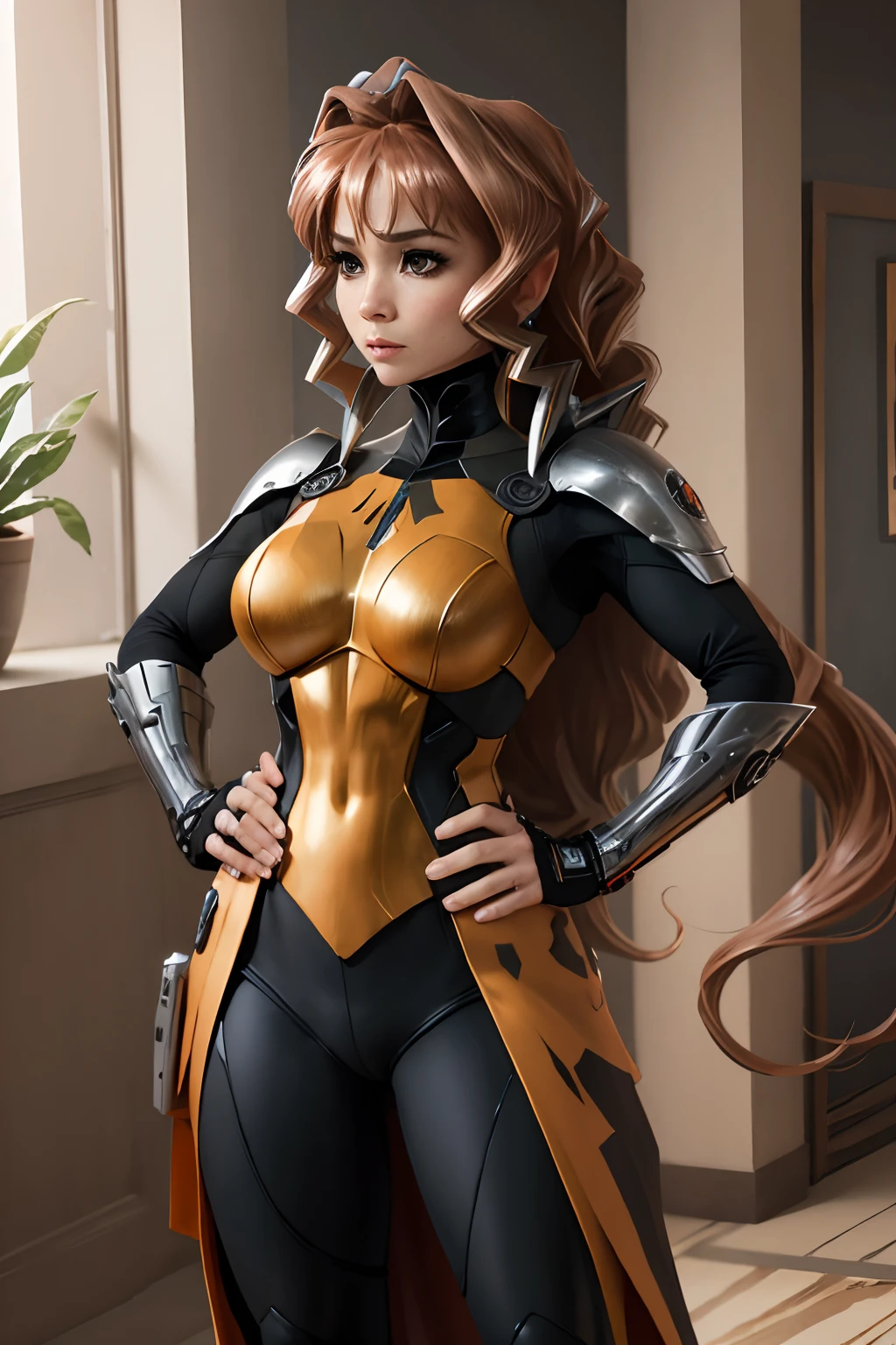 Una mujer con un traje negro y naranja sosteniendo una espada, Deathstroke, Ravenger, parche en el ojo izquierdo, Pose ruda, Traje X-Force de cuerpo completo, Boceto coloreado de alta calidad, coloreado digitalmente, epic, celda sombreada!!!, Foto de perfil