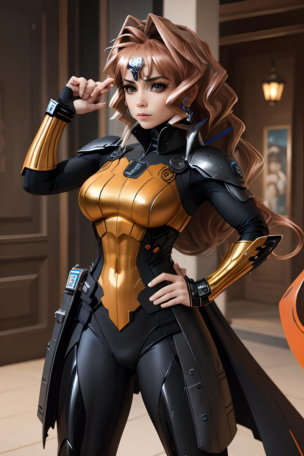 Una mujer con un traje negro y naranja sosteniendo una espada, Deathstroke, Ravenger, parche en el ojo izquierdo, Pose ruda, Traje X-Force de cuerpo completo, Boceto coloreado de alta calidad, coloreado digitalmente, epic, celda sombreada!!!, Foto de perfil