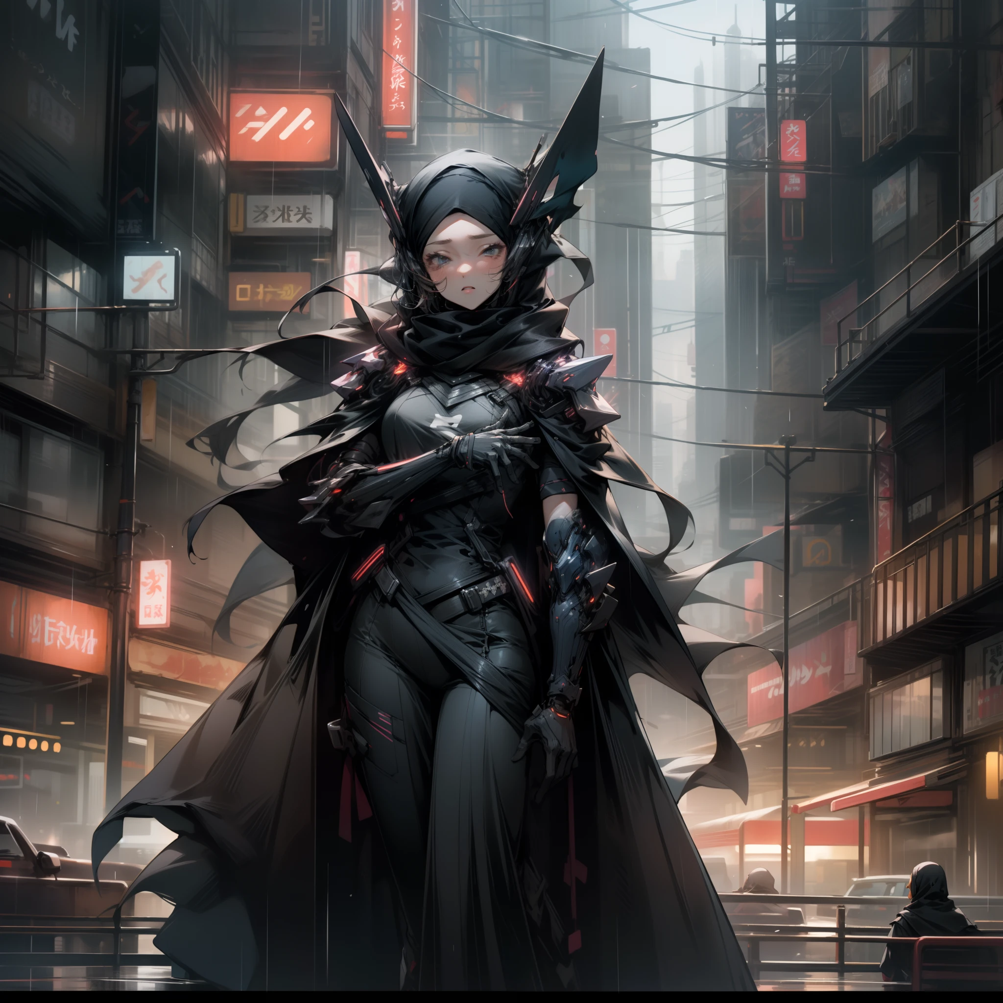 cyber punk style，style of anime live action，schoolgirls(((long hijab black)))，Black cape，downpours, city neon, (((realistis)))