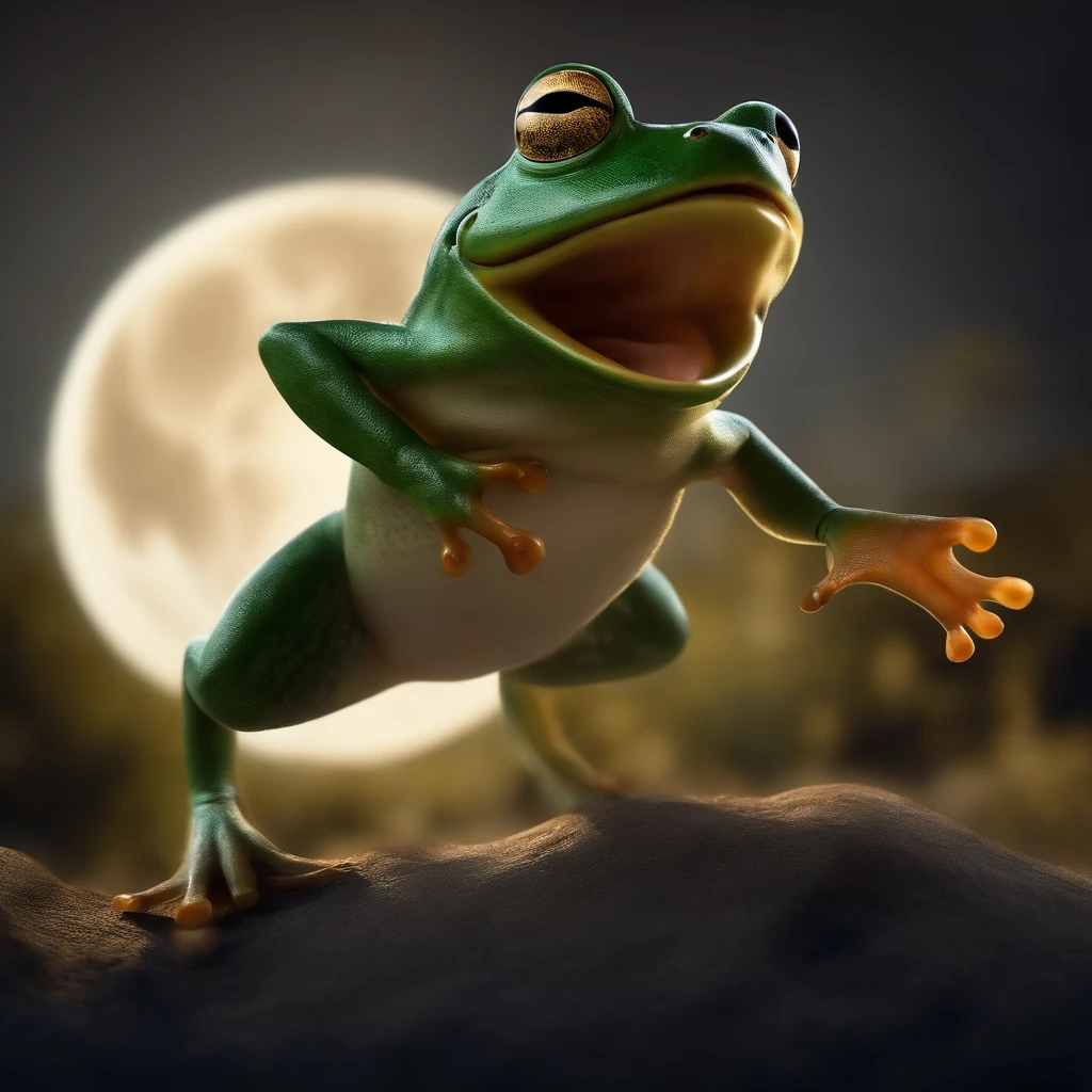 Big frog jumps high.., Frog in side view, Float in the air, opened mouth, There's a moon at the mouth., nighttime, Frog eats moon