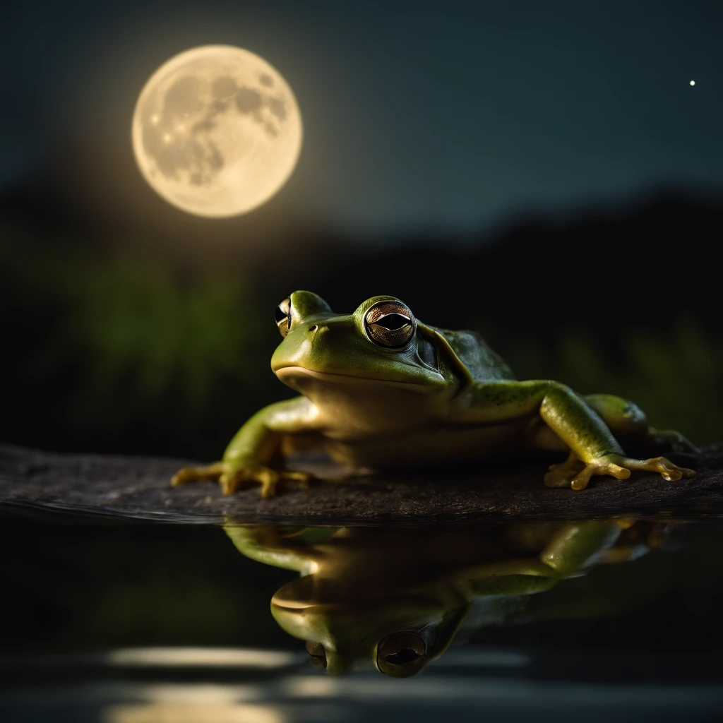 Big frog jumps high.., Frog in side view, Float in the air, opened mouth, There's a moon at the mouth., nighttime, Frog eats moon