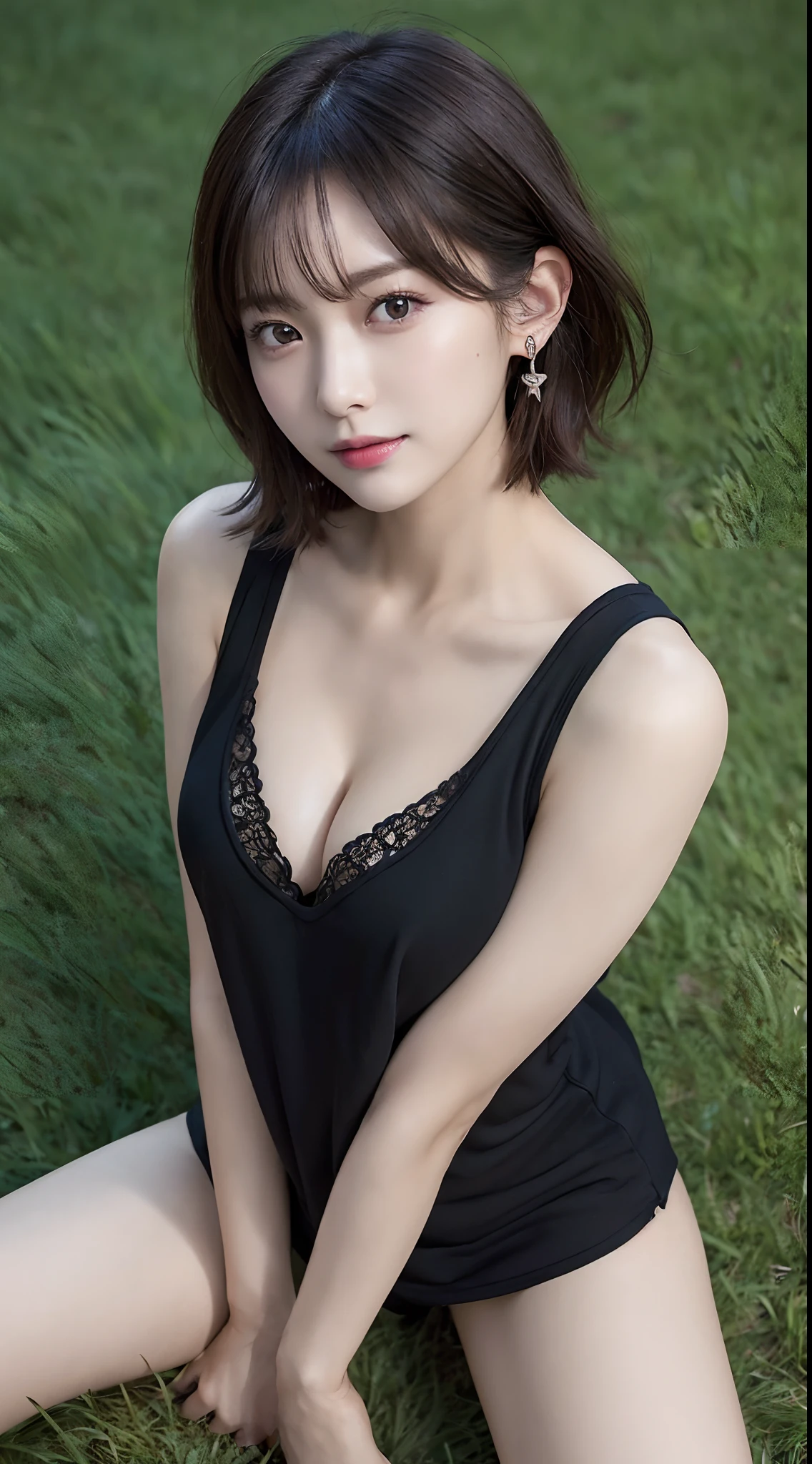 Innocent 20 year old girl、((Black tank top, Dramatic poses)),Smile,short-cut,Natural parks、Raw photo, (8K、top-quality、masterpiece:1.2)、(intricate detailes:1.4)、(Photorealsitic:1.4)、octane renderings、Complex 3D rendering ultra detail, Studio Soft Light, Rim Lights, vibrant detail, super detailing, realistic skin textures, Detail Face, Beautiful detail eyes, Very detailed CG Unity 16k wallpaper, make - up, (detailedbackground:1.2), shinny skin, Full body、cleavage of the breast,((Sitting with your legs open on the grass、Angle looking down from above))