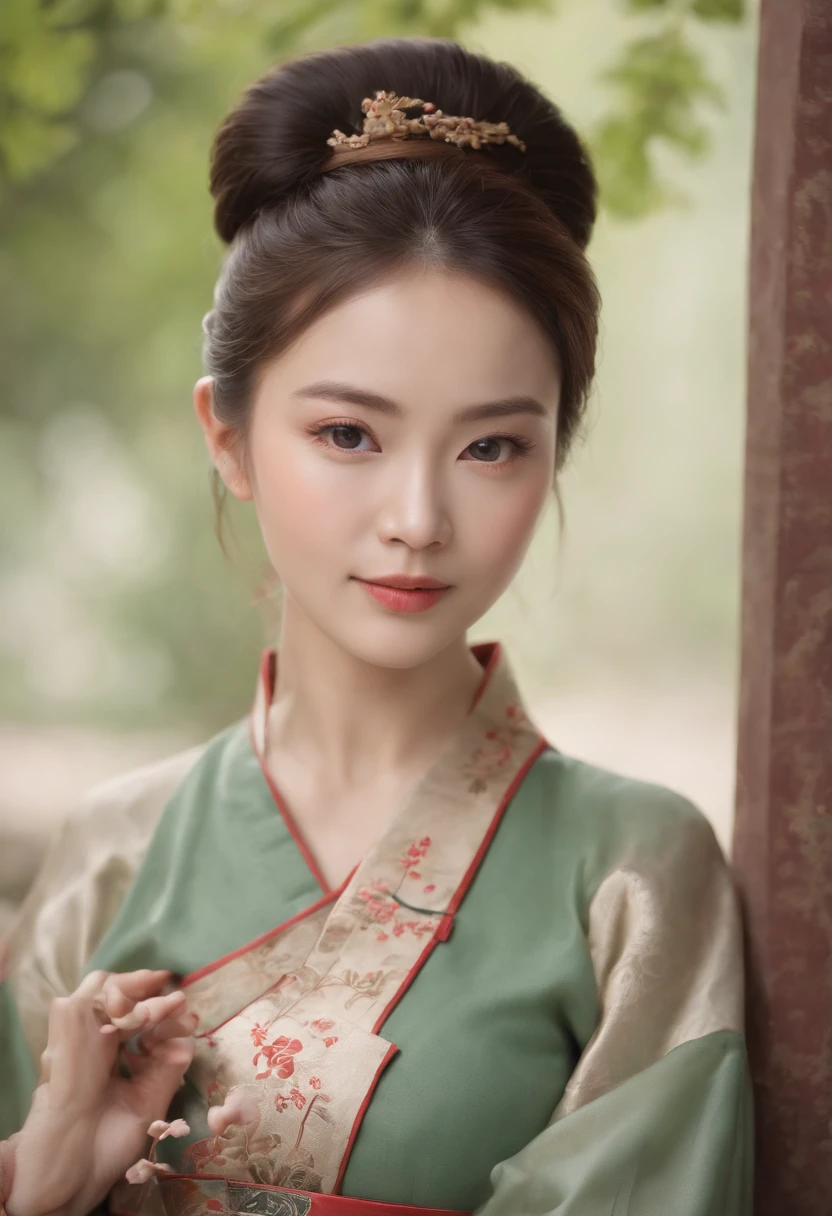 A beautiful woman dressed in Han costume,hands behind body,standing on your feet,hair-bun,Hanfu,middle aged women,aged 40,Stunning,{Full body like},(Best quality,4K,8K,A high resolution,Masterpiece:1.2),(Ultra-detailed),(Realistic,Photorealistic,photo-realistic:1.37),(hdr),(hyper HD),(Studio lighting),(Ultra-fine painting),(Sharp focus),(Physically-based rendering),(Extreme detail description),(professional),(Vivid colors),(Bokeh),(sportrait),(Chinese calligraphy),(Warm color tones),(Soft lighting),exteriors,Chinese Ancient Architecture