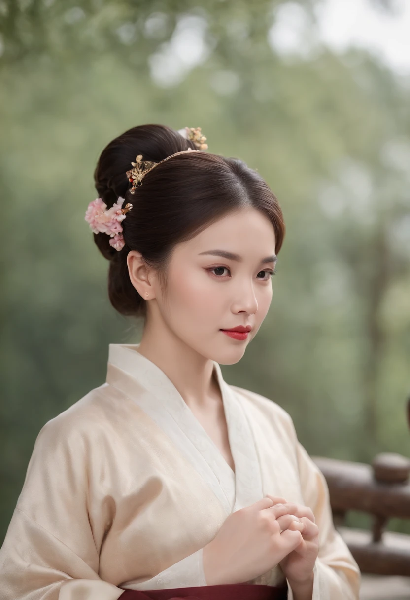 A beautiful woman dressed in Han costume，hands behind body，standing on your feet，hair-bun，Hanfu，middle aged women，aged 40，Stunning，｛Full body like｝，(Best quality,4K,8K,A high resolution,Masterpiece:1.2),(Ultra-detailed),(Realistic,Photorealistic,photo-realistic:1.37),(hdr),(hyper HD),(Studio lighting),(Ultra-fine painting),(Sharp focus),(Physically-based rendering),(Extreme detail description),(professional),(Vivid colors),(Bokeh),(sportrait),(Chinese calligraphy),(Warm color tones),(Soft lighting)，exteriors，Chinese Ancient Architecture