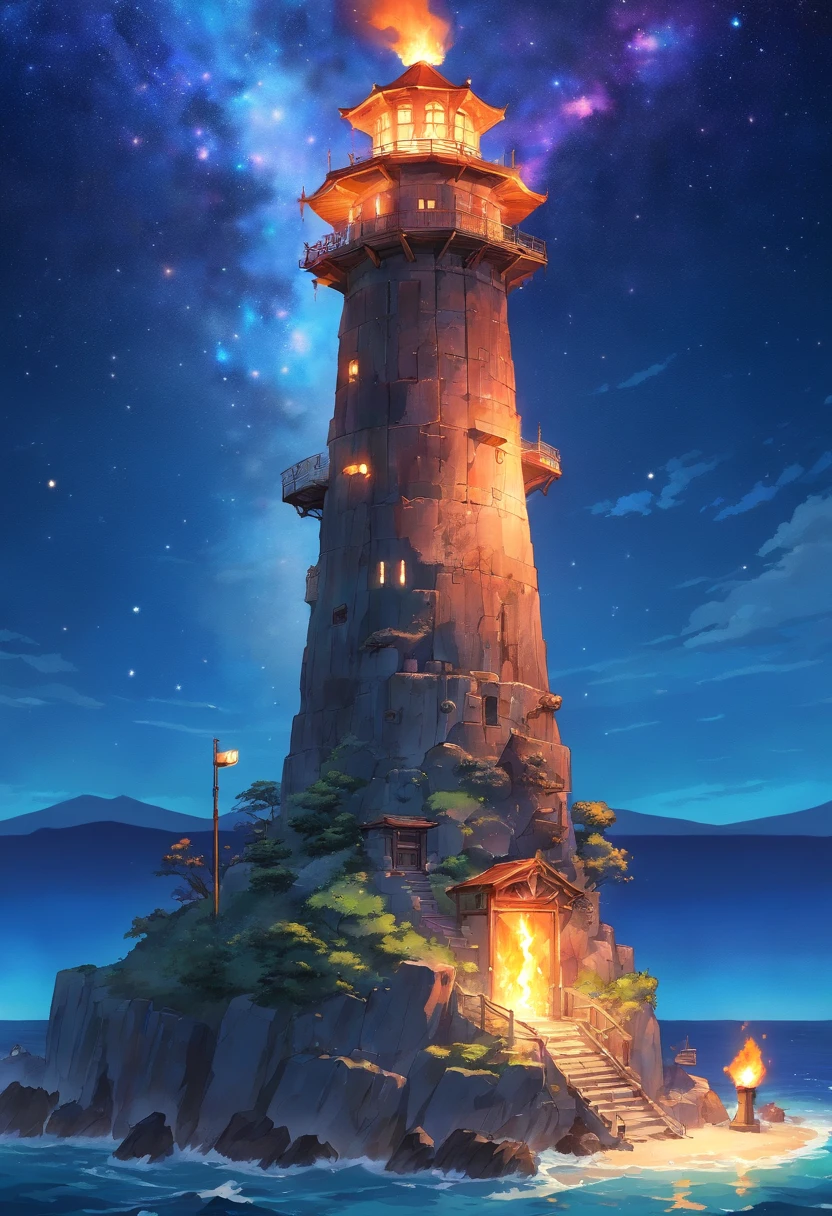A gaurd tower made of petrified wood. Gaurding a quaint greek ocean side town. A gaint burning flame at the top of the tower like a candle. A galaxy night sky in background.
