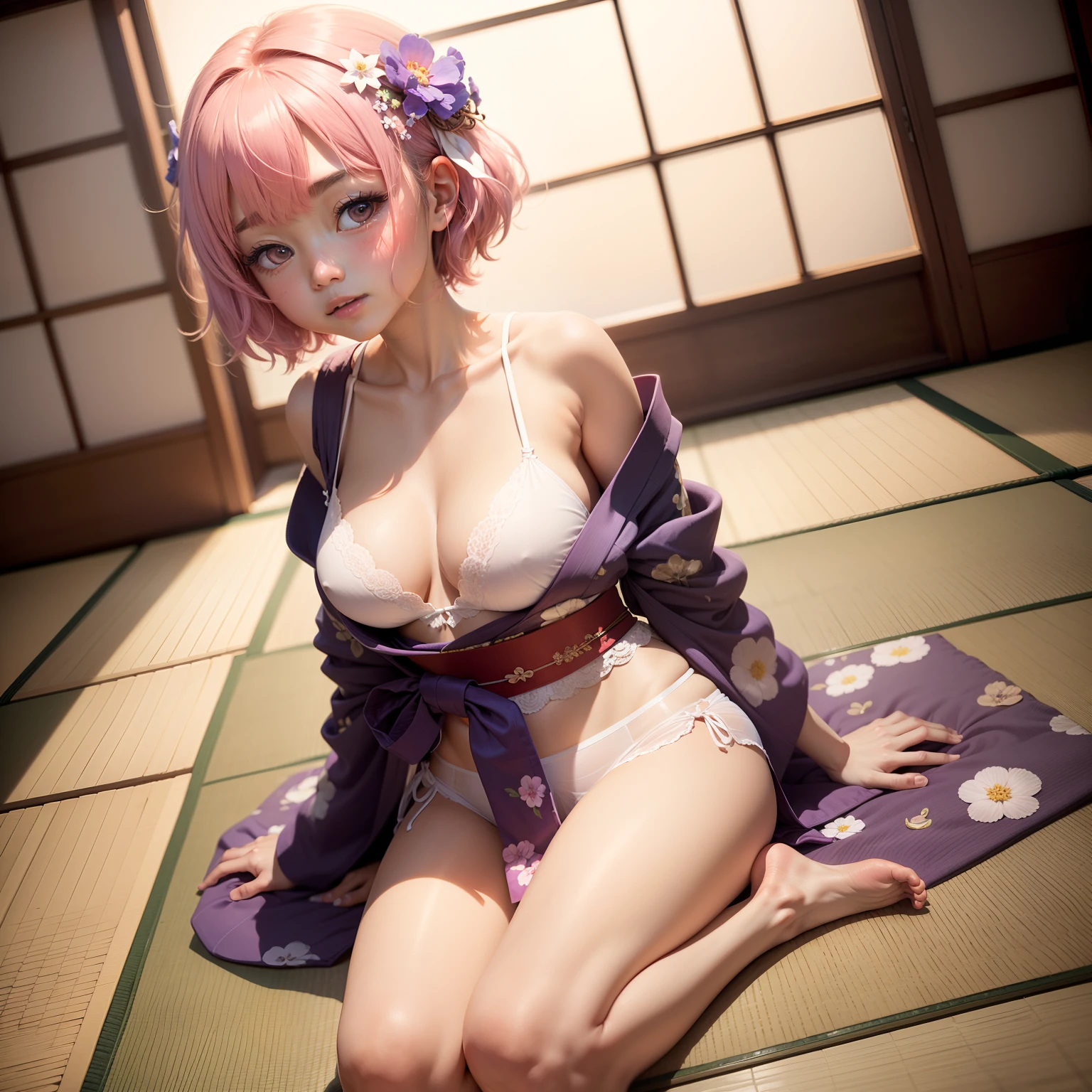 Japanese-style room in the Japan, momohd, phmomo, Solo, 1girl in,  Pink hair, Purple eyes, Short hair, Hair Flower, Wearing a yukata, Big eyes, embarrassed,Sleep on tatami mats,bare-legged,Happy,White underwear,Chest exposed,