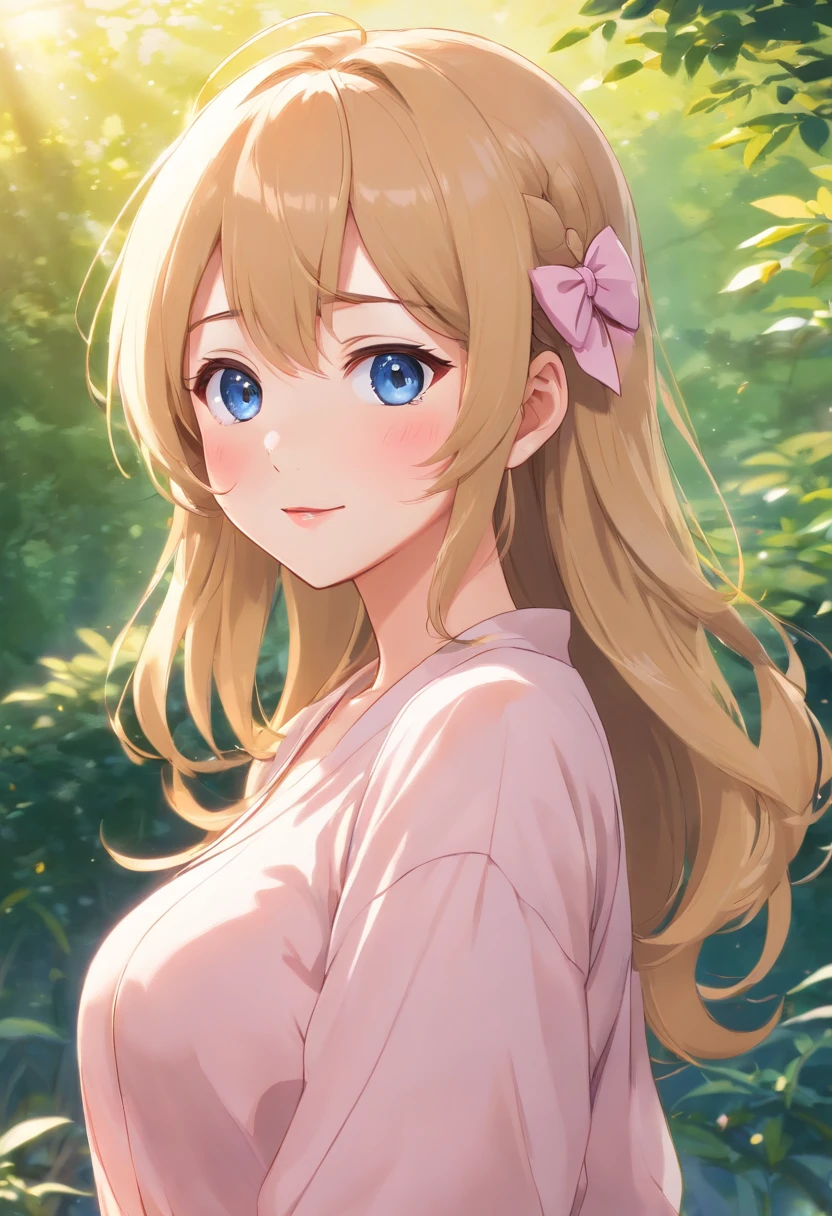 masterpiece, best quality, standing, light smile, long hair, bangs, hair bow, blue eyes, 4'11 petite and thin moe anime girl with long, silky golden blonde hair flowing freely down her back. She has pale and soft skin accompanied by big, captivating blue eyes with naturally long and curled eyelashes. Her cute rosy cheeks and soft, pink lips add to her delicate, pretty appearance. With her delicate, pretty appearance and perfect, plump, huge, squishy yet firm, round, perky anime-like boobs, she exudes a youthful charm that makes her the embodiment of a moe anime girl.