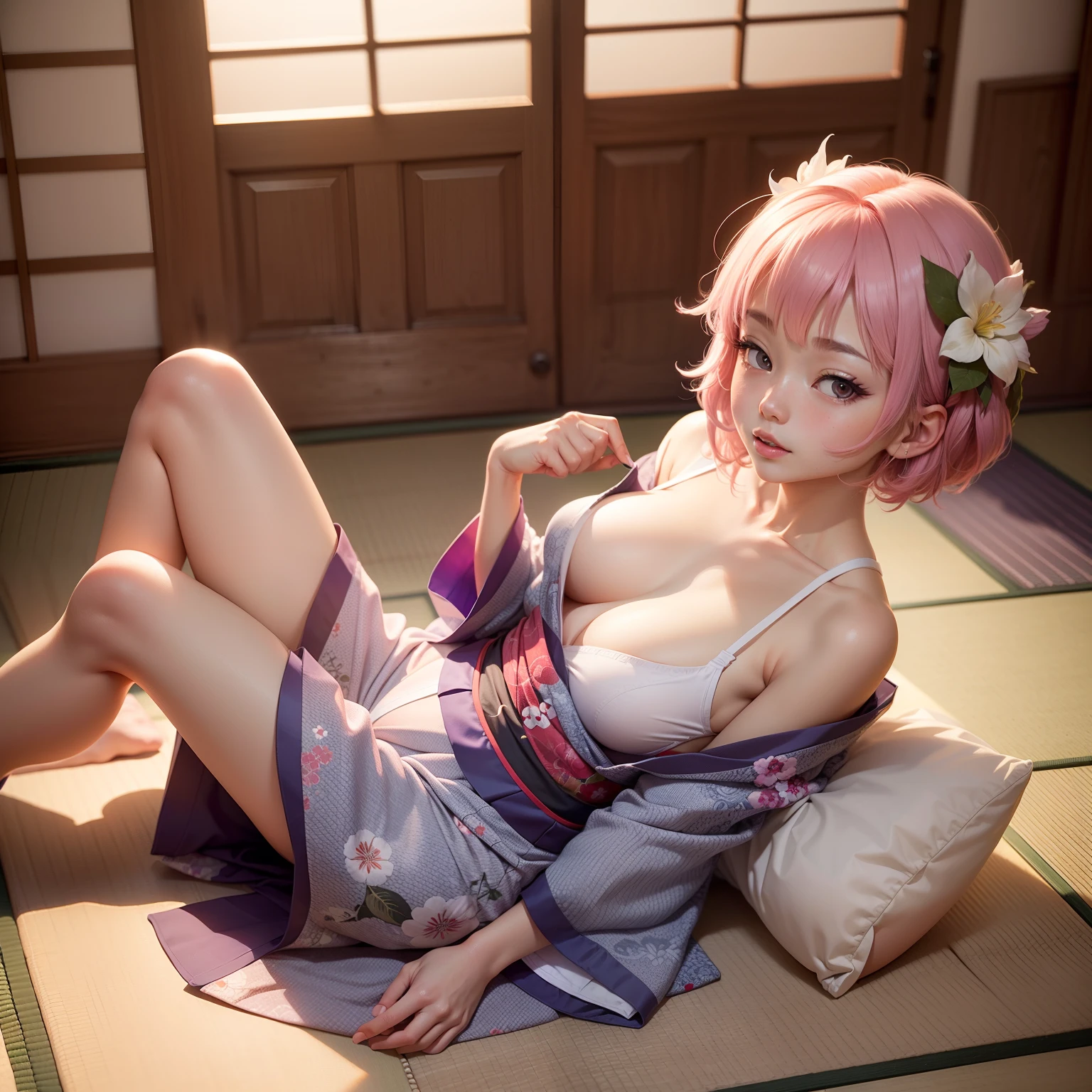 Japanese-style room in the Japan, momohd, phmomo, Solo, 1girl in, Pink hair, Purple eyes, Short hair, Hair Flower, Wearing a yukata, Big eyes, embarrassed,Sleep on tatami mats,bare-legged,Happy,White underwear,Chest exposed,
