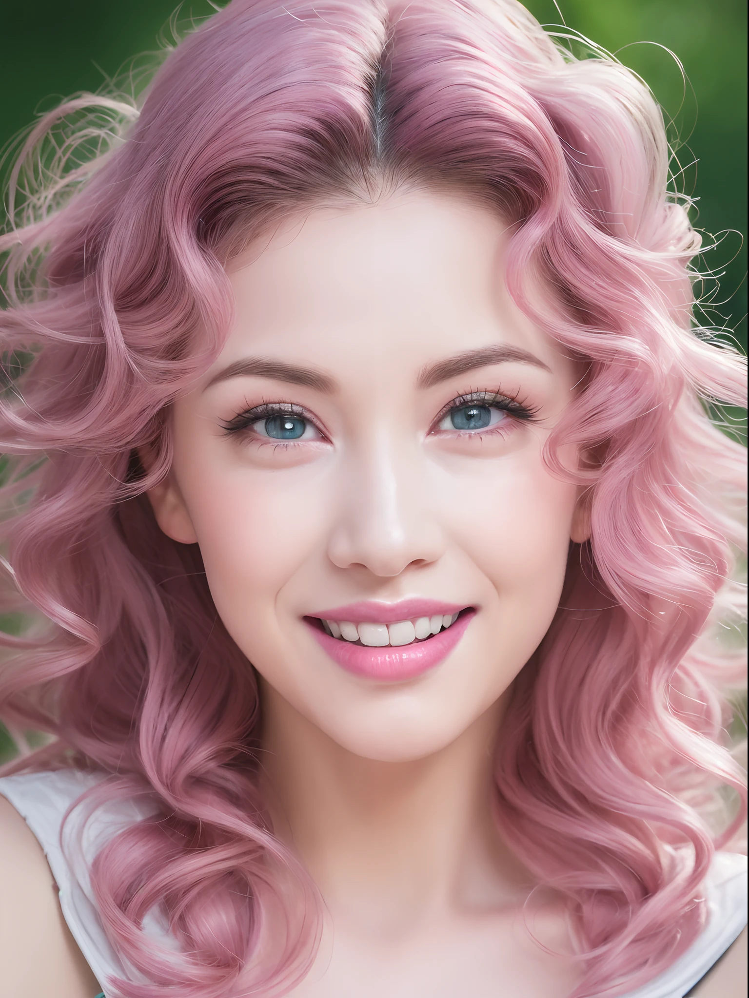 (A high resolution,Ultra-detailed,Photorealistic:1.2),Vivid colors,Portrait,muted pastels,Sparkling highlights,Curly silver-pink hair,Delicate hair,Large volume,(Strong black eyes,Reflective pupils,Long eyelashes,Red eyebrows),full pouty lips,Has an irresistible luster,smiling expression,(Place 1 to 4 fingers on the corners of your mouth)