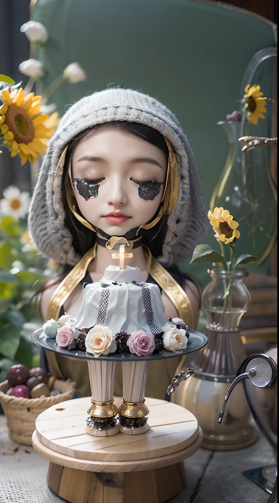 In a very grand scene，The extra-large wide-angle lens captures the appearance of a female centaur。She is a Sunflower Worship nun，Always opposed（Healing emoji smiley face of knitted sunflower puppet😊：99.99）DOA。She is tall，It has the ultimate curvy beauty，The muscles are slender and firm，Beautiful lines。She has（Super huge sky blue eyes：99.99）、always（Wearing sexy glasses：6.66）、（She wears solemn nun attire：9.9）、Stepping on a boot-style skyscraper-heel、A pink cross hangs on his chest。Use Midjourney's advanced tools，Designed for female centaurs（A knitted sunflower puppet and create a super healing cartoon smiley face in the center of the flower tray as a decoration：9.9），and noble and solemn nun costumes，and highlight her unique physiological characteristics and appearance details，Add realism。And in the context of her prayers and listening to confessions，Spectacular views of nature，Such as the sky where storms and sunny days alternate、Brilliant rivers of stars and auroras、The snow-capped summit of Mount Everest、Fireworks in the mountain town, etc。ao mesmo tempo，Away from the hustle and bustle next to the chapel，Create a fantastic scene。Use Midjourney's advanced tools and multiple color palettes、Brush Strokes、Texture tools and model packages，It shows a sense of atmosphere where beauty and charm coexist。The charm of the female centaur is highlighted through color and lines，Enhance realism with detailing，Create a surreal dreamy feeling。Additionally，Use Midjourney's tools to add various exorcism props and books to the female centaur、pergaminhos，Create intricate hairstyles and outfits，Give her a sense of premium。She never flinches，No matter what monster you encounter，can respond quickly，Even the most extreme armies of natural disasters and monsters could not stop her and her front（Sunflower with Tyndall effect that emits sunlight9.99）。Use Midjourney's powerful tools，You can do it with incredible detail and beauty，Bring this ultra-grand and beautiful scene to life。Ultra-grand sc