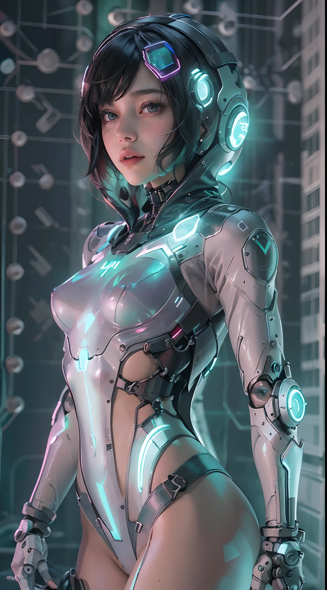 ((of the highest quality)), ((obra maestra)), (detalle:1.4), (((Translucent with mechanical parts and transparent skin++Aurora Material++、++Material de carbono gris++Beautiful woman in cybernetic suit made of))), Pale bright with LEDs, ((pecho abierto)), Piel de las caderas y los muslos, Teletipo (High Dymanic Range), Trazado de rayos, NVIDIA RTX, Super resolution, Subsurface dispersion Textured PBR, Post-procesamiento, Anisotropy Filtering, Profundidad de campos, Sombreado de superficies, Accurate light simulation/Material interaction, proporciones perfectas, two-color illumination, amplia apertura, ISO bajo, balance de blancos, 8k, (((Cameltoe))), NSFW, (((mujer alta))), 25 year old woman, Cyber helmet with dull and bright LEDs, hasta la rodilla, protuberancia, puffy nipple, ((Cyber hood with dull and bright LEDs)), Postura abierta, Disparo de vaquero, Piel de las caderas y los muslos, hermoso cuerpo, Ombligo visible en la piel desnuda, Pecho para sentir la gravedad, (pechos enormes: 1.3), (trasero gigantesco: 1.0), Espacio sencillo y minimalista, Poses sexys naturales, Mirando hacia abajo, flequillo opaco, (((Hermoso cabello iridiscente))), (((Aurora Cabello Interior))),