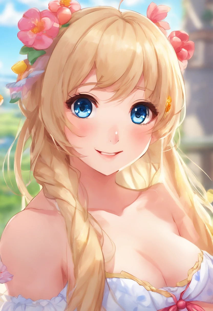 masterpiece, best quality, standing, light smile, long hair, bangs, blue eyes, 4'11 petite and thin moe anime girl with long, silky golden blonde hair flowing freely down her back. She has pale and soft skin accompanied by big, captivating blue eyes with naturally long and curled eyelashes. Her cute rosy cheeks and soft, pink lips add to her delicate, pretty appearance. With her delicate, pretty appearance and perfect, plump, huge, squishy yet firm, round, perky anime-like boobs, she exudes a youthful charm that makes her the embodiment of a moe anime girl.