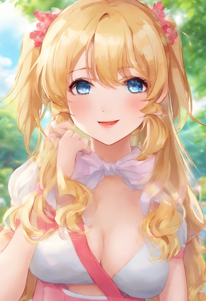 masterpiece, best quality, standing, light smile, long hair, bangs, blue eyes, 4'11 petite and thin moe anime girl with long, silky golden blonde hair flowing freely down her back. She has pale and soft skin accompanied by big, captivating blue eyes with naturally long and curled eyelashes. Her cute rosy cheeks and soft, pink lips add to her delicate, pretty appearance. With her delicate, pretty appearance and perfect, plump, huge, squishy yet firm, round, perky anime-like boobs, she exudes a youthful charm that makes her the embodiment of a moe anime girl.