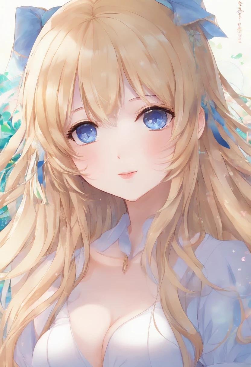 masterpiece, best quality, standing, light smile, long hair, bangs, blue eyes, 4'11 petite and thin moe anime girl with long, silky golden blonde hair flowing freely down her back. She has pale and soft skin accompanied by big, captivating blue eyes with naturally long and curled eyelashes. Her cute rosy cheeks and soft, pink lips add to her delicate, pretty appearance. With her delicate, pretty appearance and perfect, plump, huge, squishy yet firm, round, perky anime-like boobs, she exudes a youthful charm that makes her the embodiment of a moe anime girl.