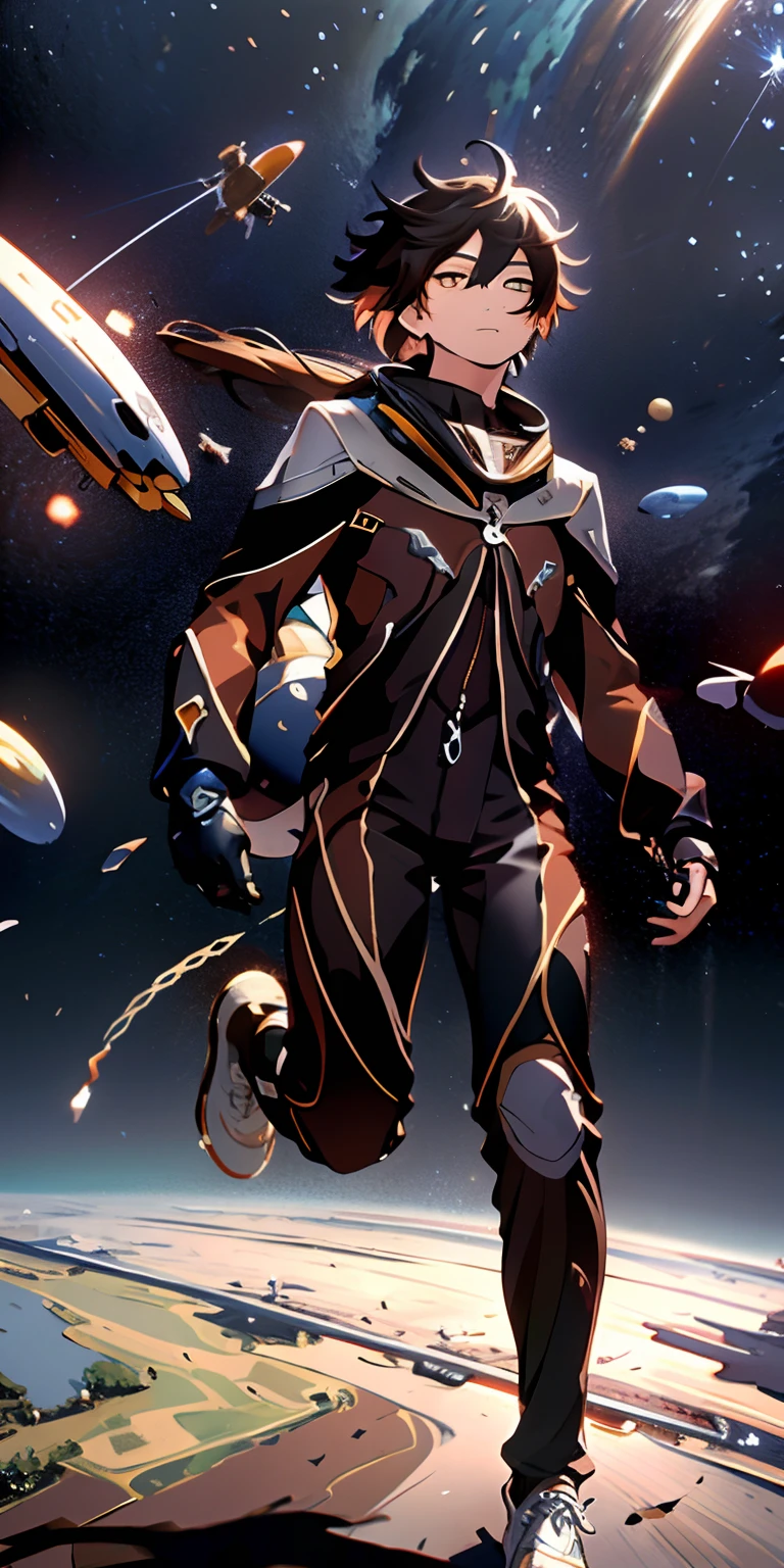 Absurd resolution, high resolution, (masterpiece:1.4), ultra-detailed, 1boy, in spacesuit, seen from above, space, floating, satellite, running pose, wide-angle lens distortion
