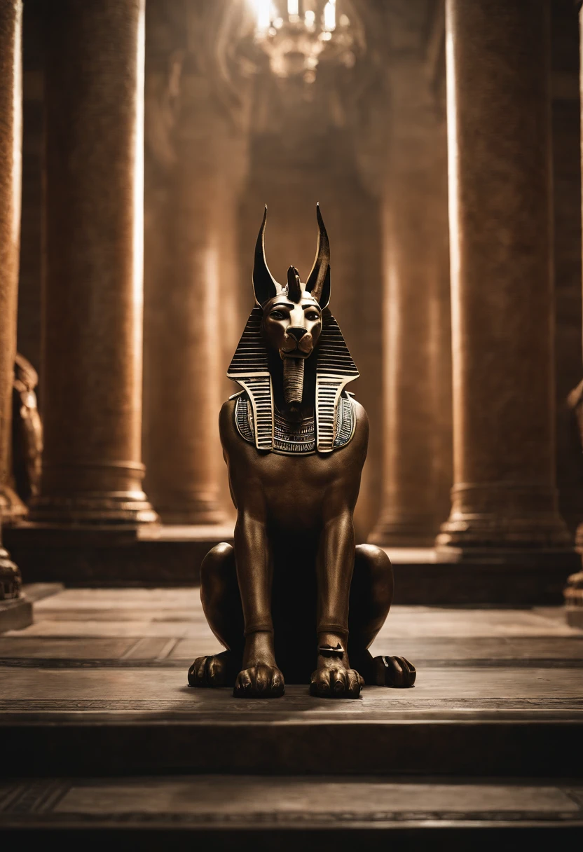 Egyptian kingdom, man, wearing the head of an anubis dog, tense atmosphere, sitting on the throne