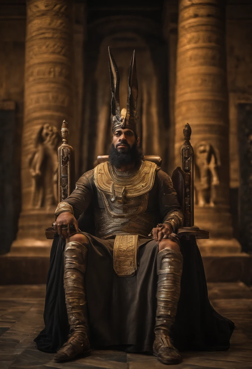 Egyptian kingdom, man, wearing the head of an anubis dog, tense atmosphere, sitting on the throne