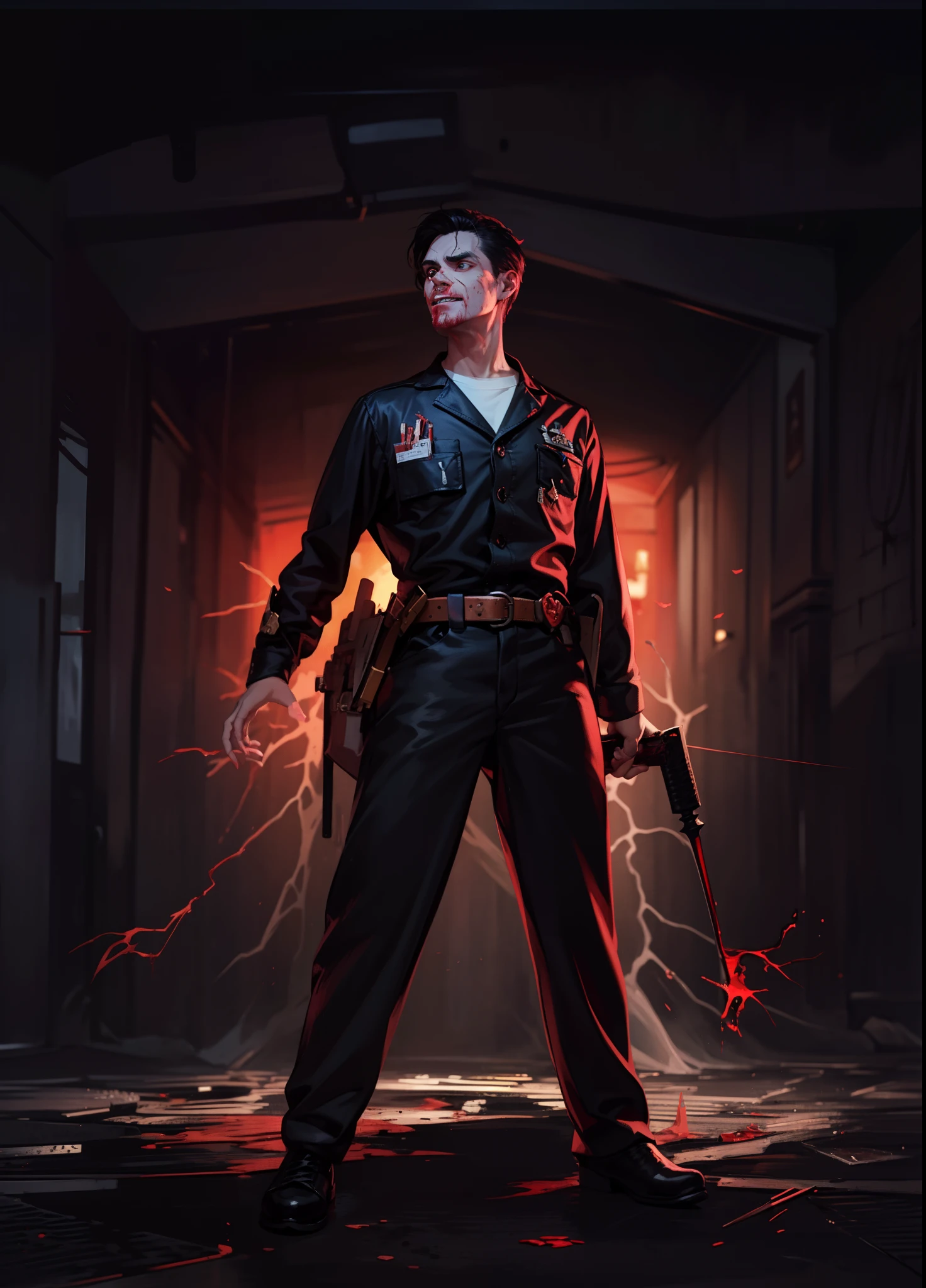 ((8K:1.4)), Impeccable, acurate, (hight resolution:1.2), (higly detailed), hiquality, (tmasterpiece:1.8), Jim Carrey, (dark-skin:1.8) (injured:1.2)), ((rusty_fingernails_in_Skin)), (agony), (icy:1.2), (Camouflage top:1.2)), (long disheveled gray hair), (Red_sclera:1.2), ((Blurred flesh and blood)), (the madhatter_Smile:1.2), (Blood covers the face:1.6), There is blood all around, (blood on the clothes:1.2), ((blood vessels:1.2))), (((Internal organs:1.2))), Trauma to the oral cavity, scar, (cuts_UPON_Skin:1.2), blood on the lips, ((anatomically accurate:1.6)), Very wide open mouth, (Body horror:1.2), (Meat clothing:1.2), Features of the monster:1.2), Monster Face, (((Devil's Eyes:1.6))), (sharp teeth),The Sword of the Demon,White Backgrouni Wash Style,Red-eyed,white tshirt,black shorts