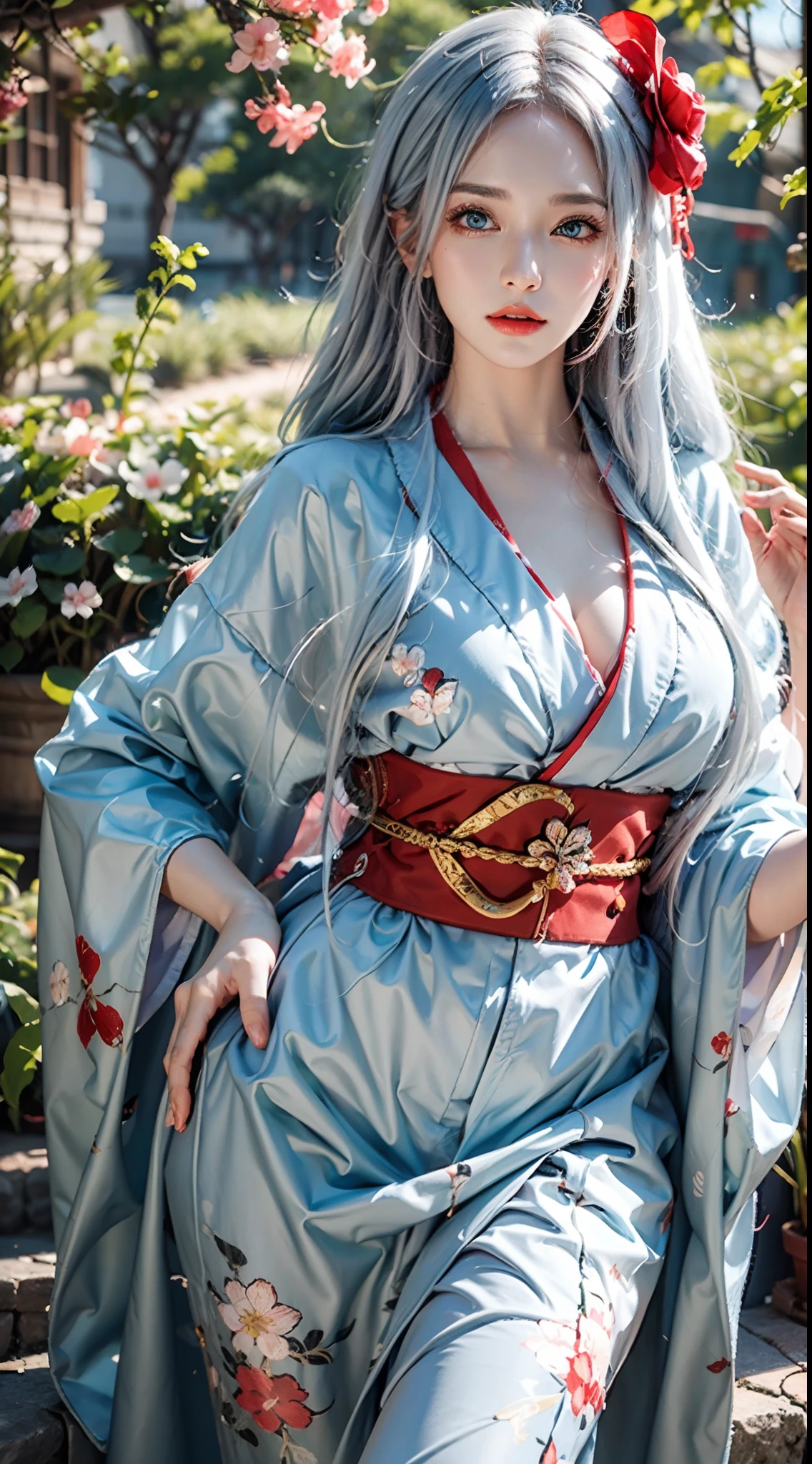 photorealistic, masterpiece, photorealistic, high resolution, soft light, hips up, blue eyes, white hair, long hair, red kimono, floral pattern, cherry blossoms