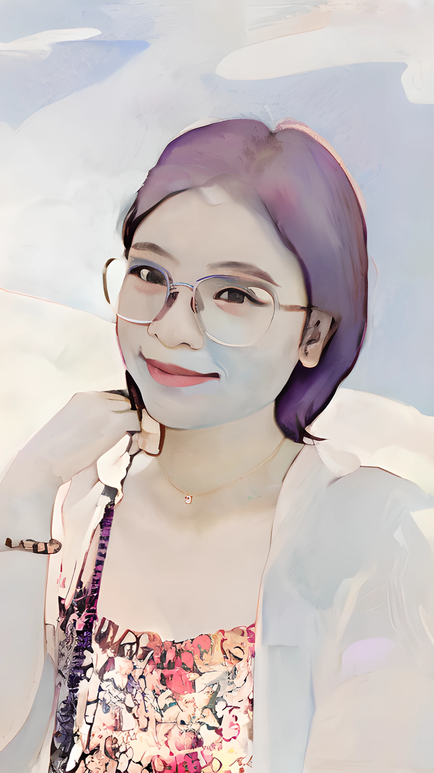 ((white skin)), ((colorful hair:1.5), lips, smile, sargent, mucha, pink Chest, ((blue sky)), ((cloud))