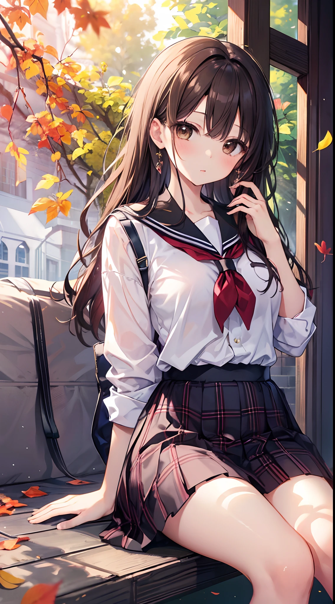 Hi-Res、​masterpiece、Chizuru Ichinose、Brown hair、Soio、Female one、hi-school girl、Schools、Colored leaves、sitting on、细致背景、A detailed eye、（（Brown-eyed））,Beautiful and perfect legs, Clean and perfect hands