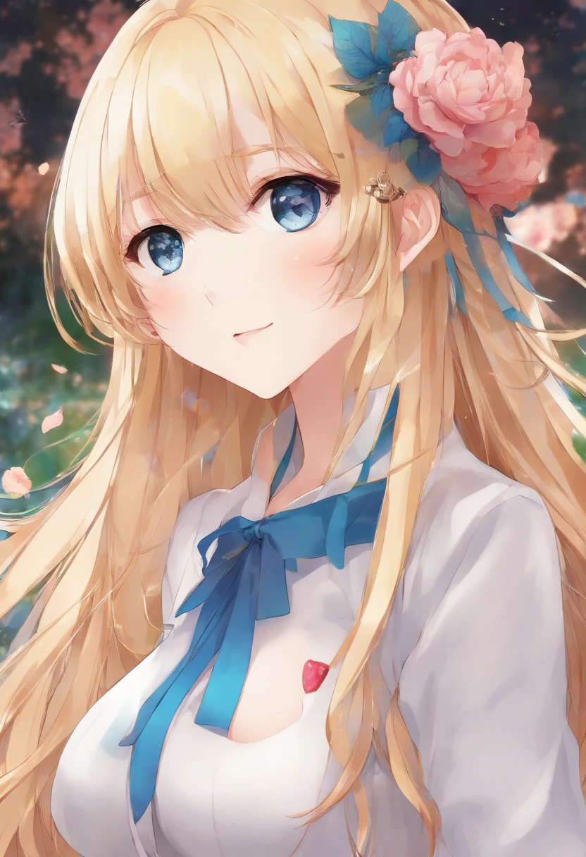 masterpiece, best quality, standing, light smile, long hair, bangs, blue eyes, 4'11 petite and thin moe anime girl with long, silky golden blonde hair flowing freely down her back. She has pale and soft skin accompanied by big, captivating blue eyes with naturally long and curled eyelashes. Her cute rosy cheeks and soft, pink lips add to her delicate, pretty appearance. With her delicate, pretty appearance and perfect, plump, huge, squishy yet firm, round, perky anime-like boobs, she exudes a youthful charm that makes her the embodiment of a moe anime girl.