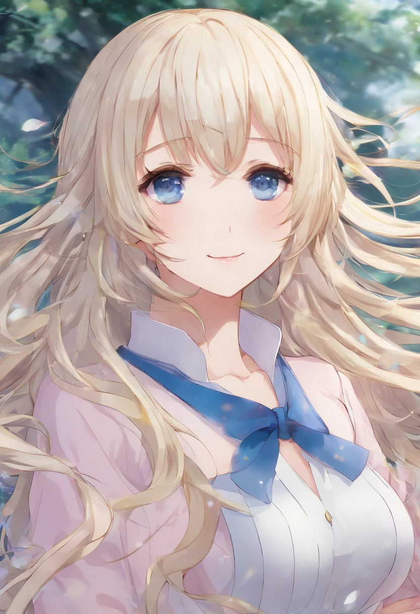 Anime girl with long blonde hair and blue eyes in a white shirt - SeaArt AI
