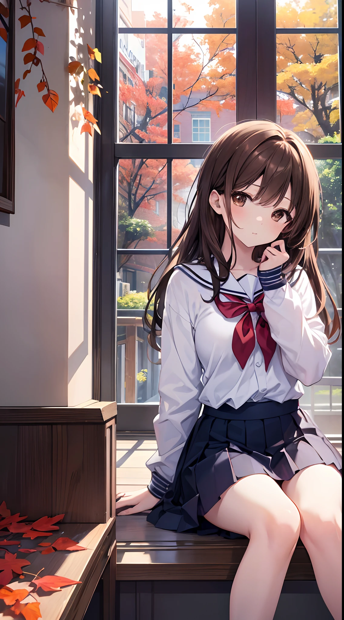 Hi-Res、masterpiece、Chizuru Ichinose、Brown hair、Soio、Female one、hi-school girl、Schools、Colored leaves、sitting on、细致背景、A detailed eye、((Brown-eyed)),Beautiful and perfect legs, Clean and perfect hands