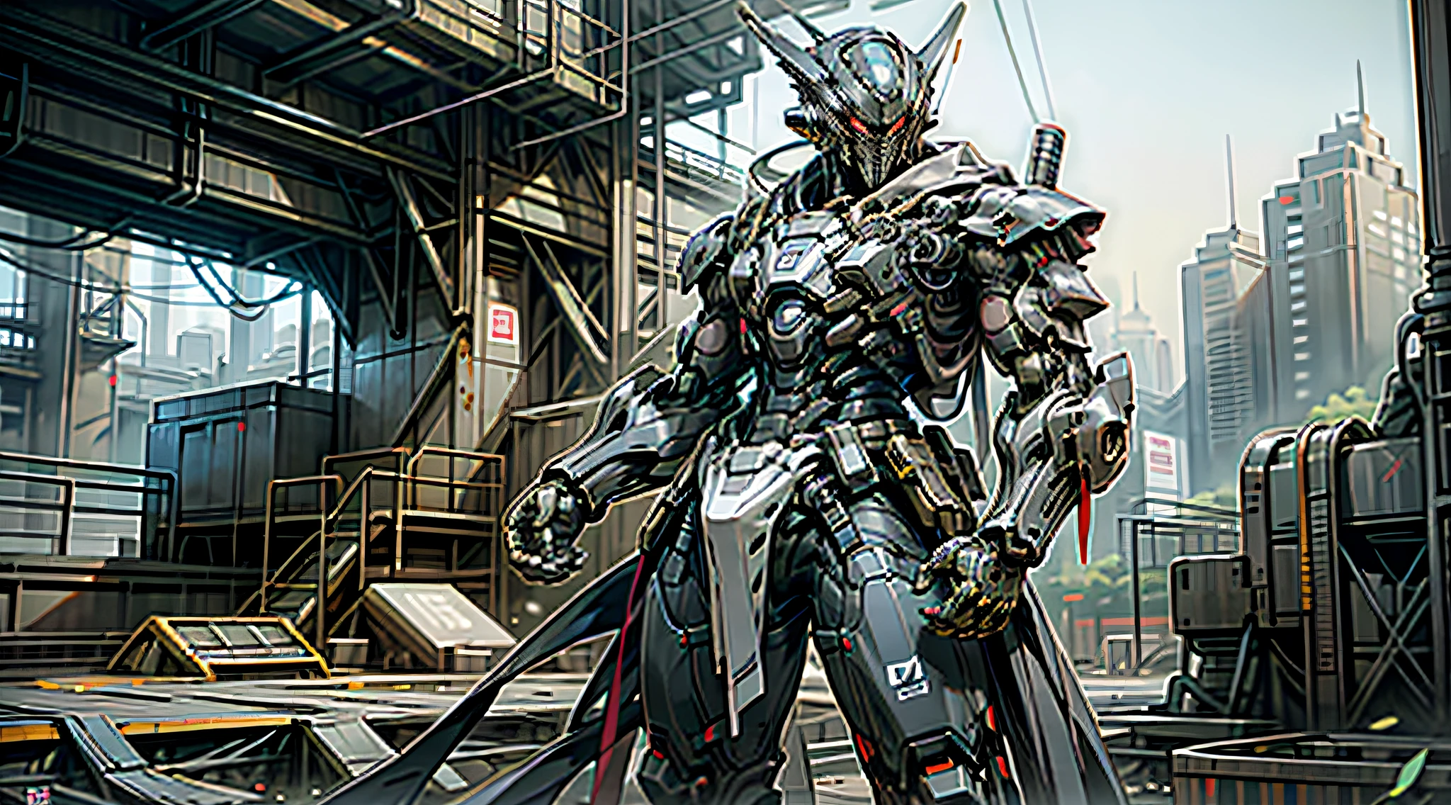Dark_Fantasy,Cyberpunk,1manMechanical marvel,Robotic presence,Cybernetic guardian, samurai mechanical armour, katana on the waist, absolutely stunning art,wearing a black cloak, highest quality art, highest resolution, hyper detailed,black and red, futuristic, samurai robot, atmospheric,8k,64k, HD, unparalleled masterpiece, dynamic lighting, cinematic, epic