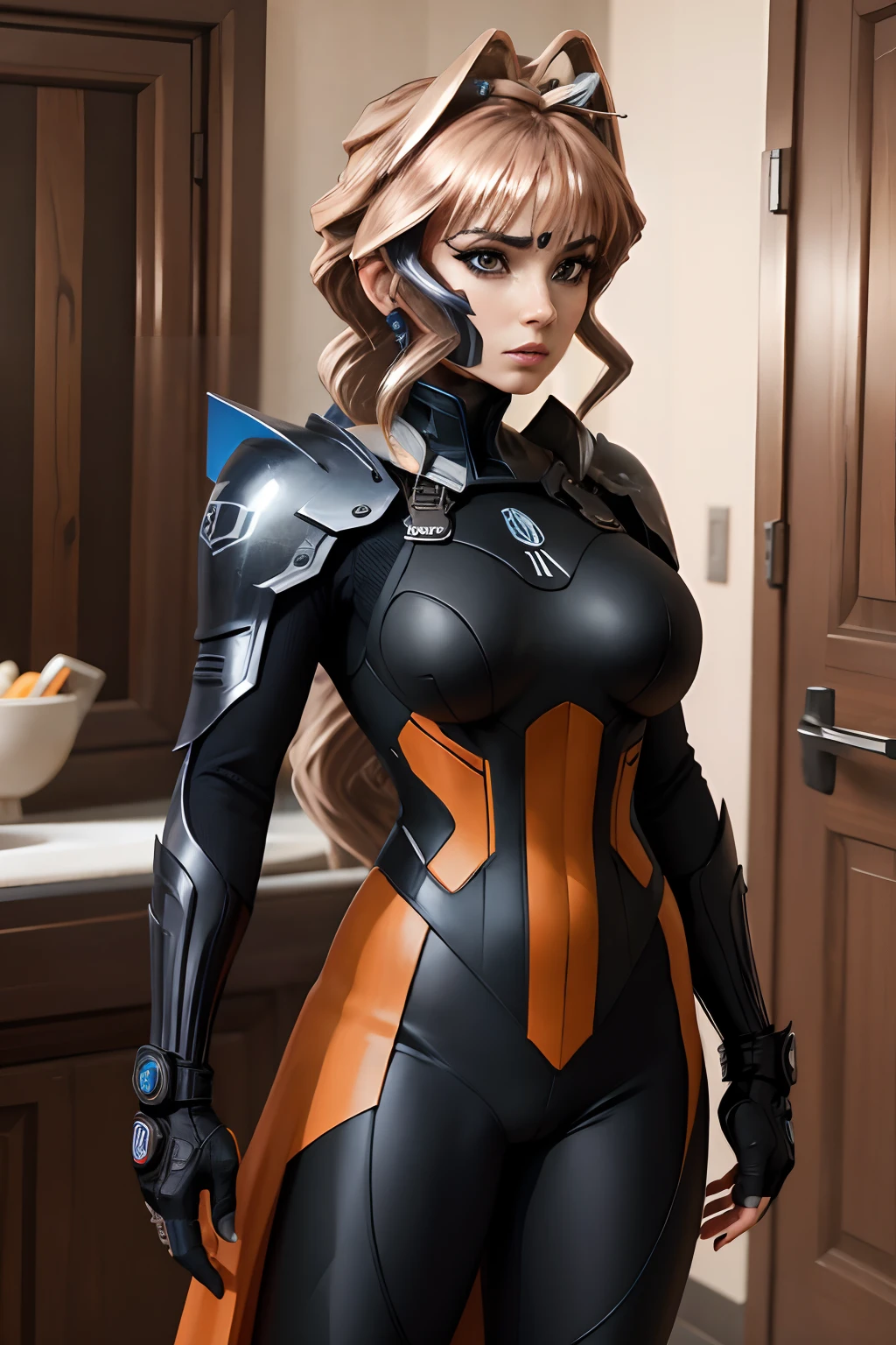 Una mujer con un traje negro y naranja sosteniendo una espada, Deathstroke, parche en el ojo izquierdo, Pose ruda, Traje X-Force de cuerpo completo, Boceto coloreado de alta calidad, coloreado digitalmente, epic, celda sombreada!!!, Foto de perfil