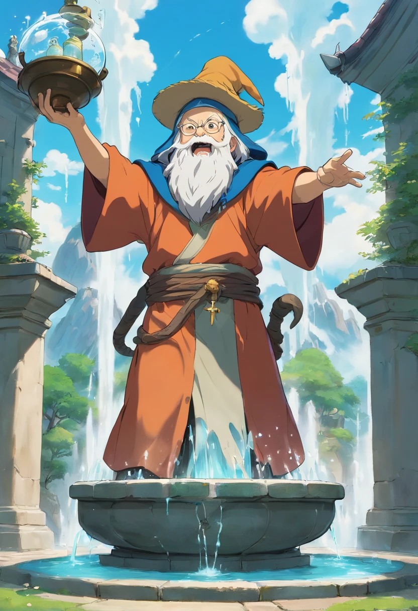Slowly trickling fountain with a Statue of an old bearded mideval alchemist shouting into the sky, while holding a stone in on hand and a potion bottle in the other.