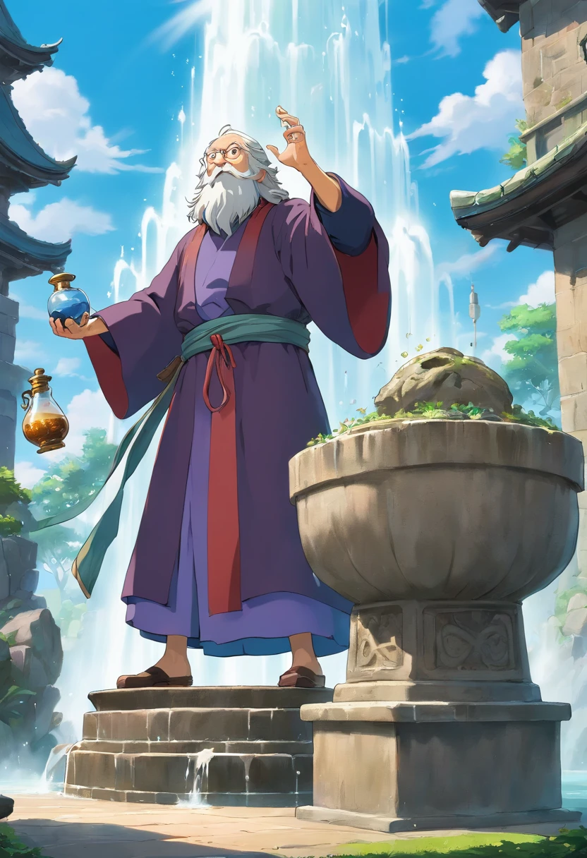 Slowly trickling fountain with a Statue of an old bearded mideval alchemist shouting into the sky, while holding a stone in on hand and a potion bottle in the other.