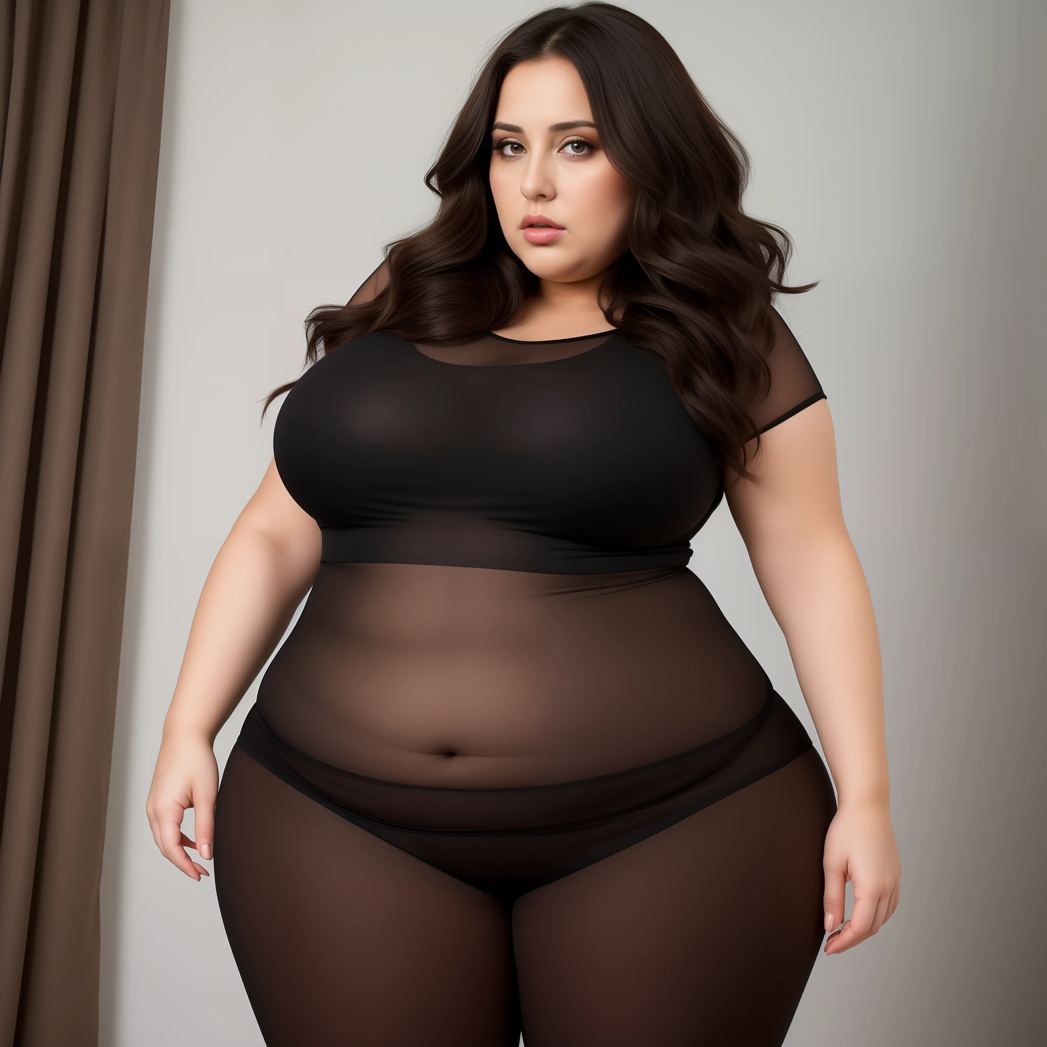 ,Hyper Realistic image of a Plump , obese,beautiful 30 year old brunette women wearing black see through nittie full body image view from below